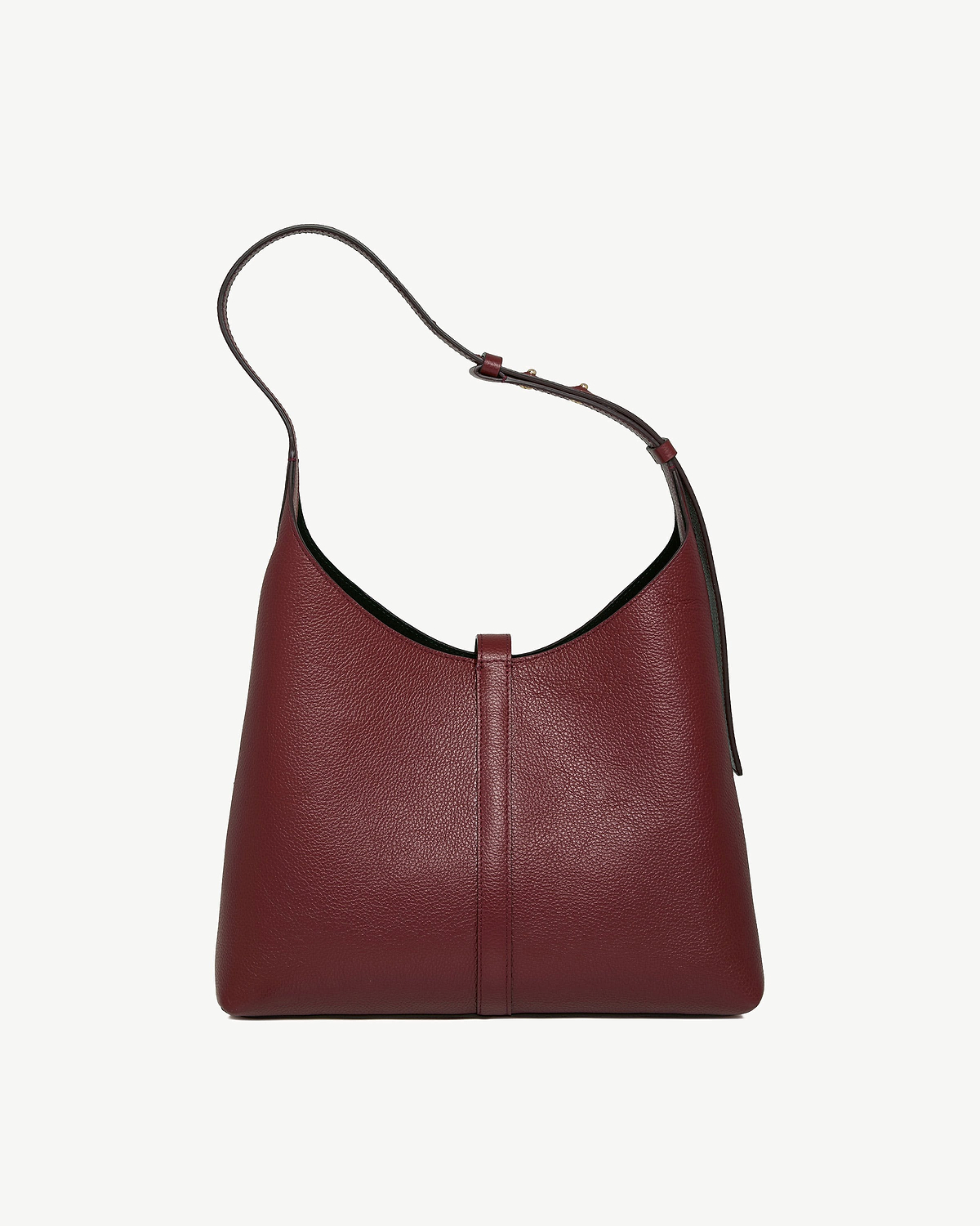 Oxblood Kite hobo bag in pebbled leather with single adjustable shoulder strap.