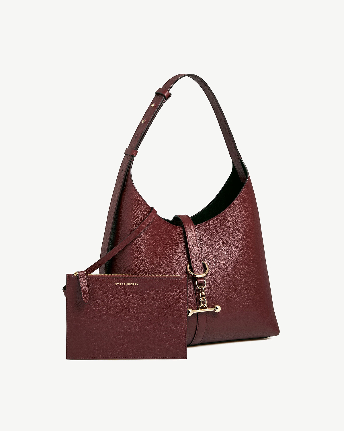 Strathberry Kite Hobo bag in oxblood leather with attached pouch and gold hardware.