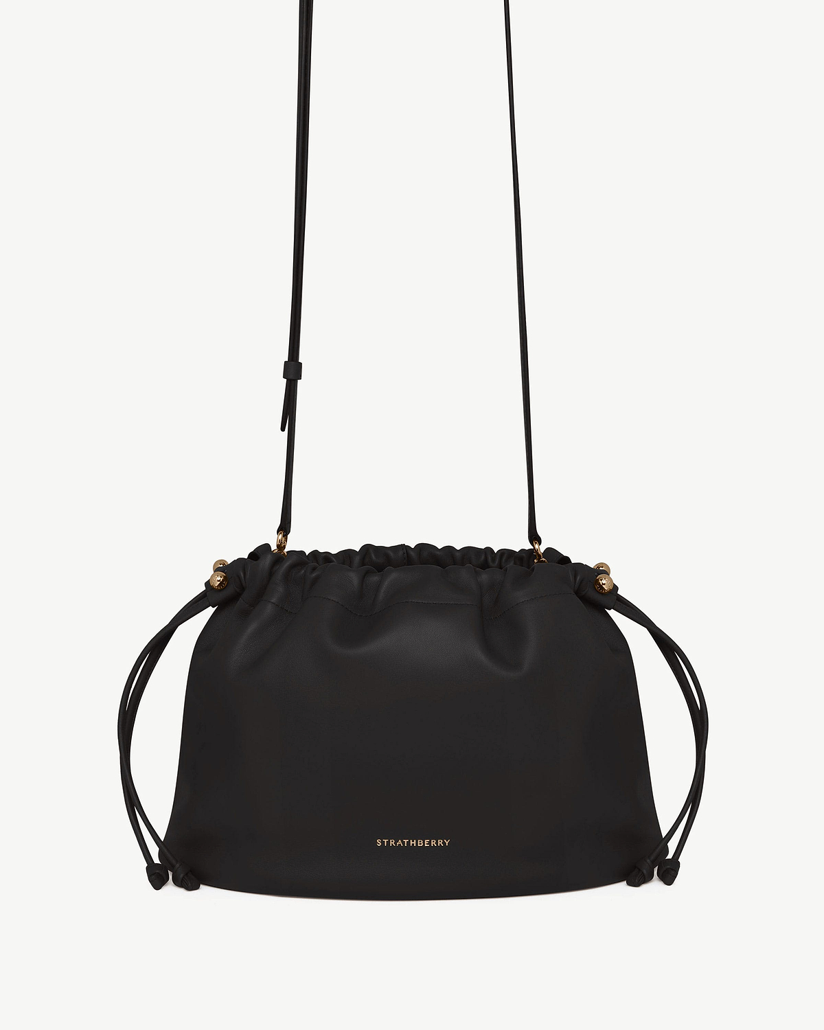 Black Strathberry Charlotte Midi drawstring bag with long strap and gold logo