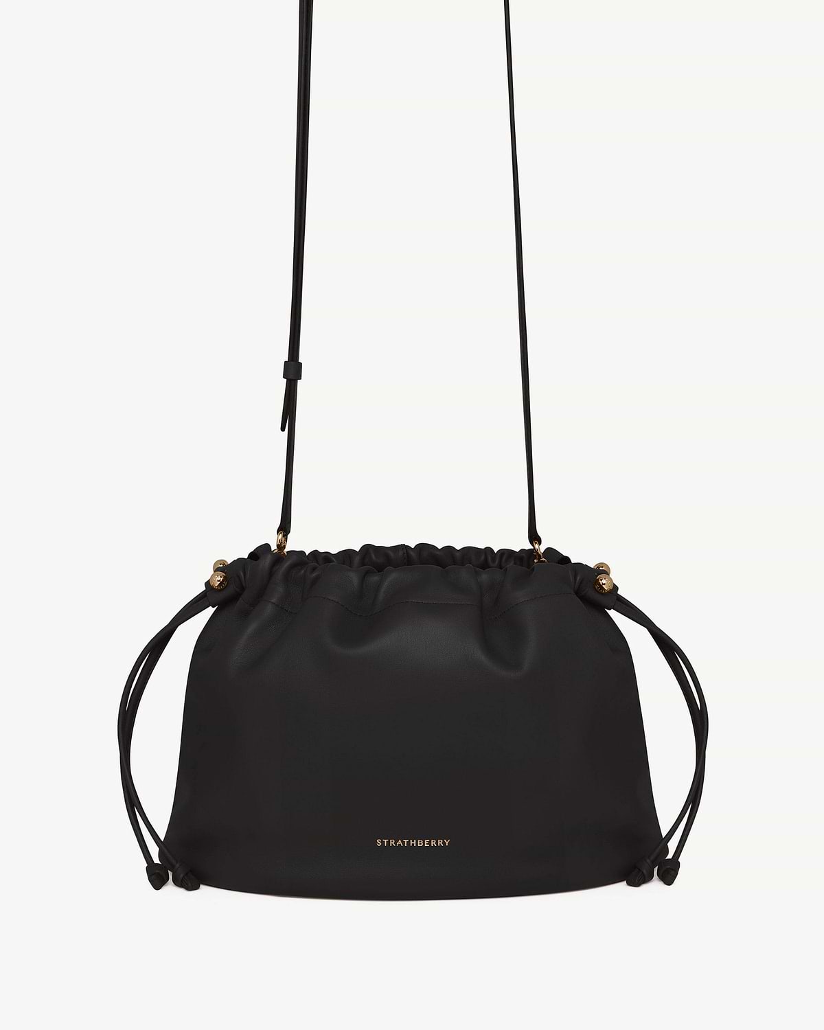 Black Strathberry Charlotte Midi drawstring bag with long strap and gold logo