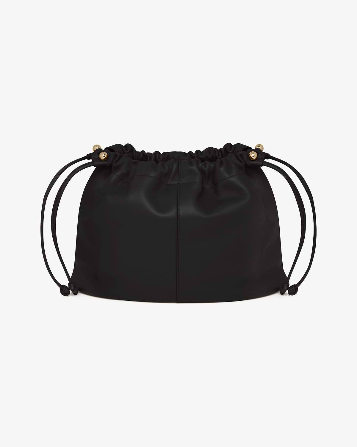 Black drawstring pouch bag with gathered top, twin side cords and gold-tone beads.