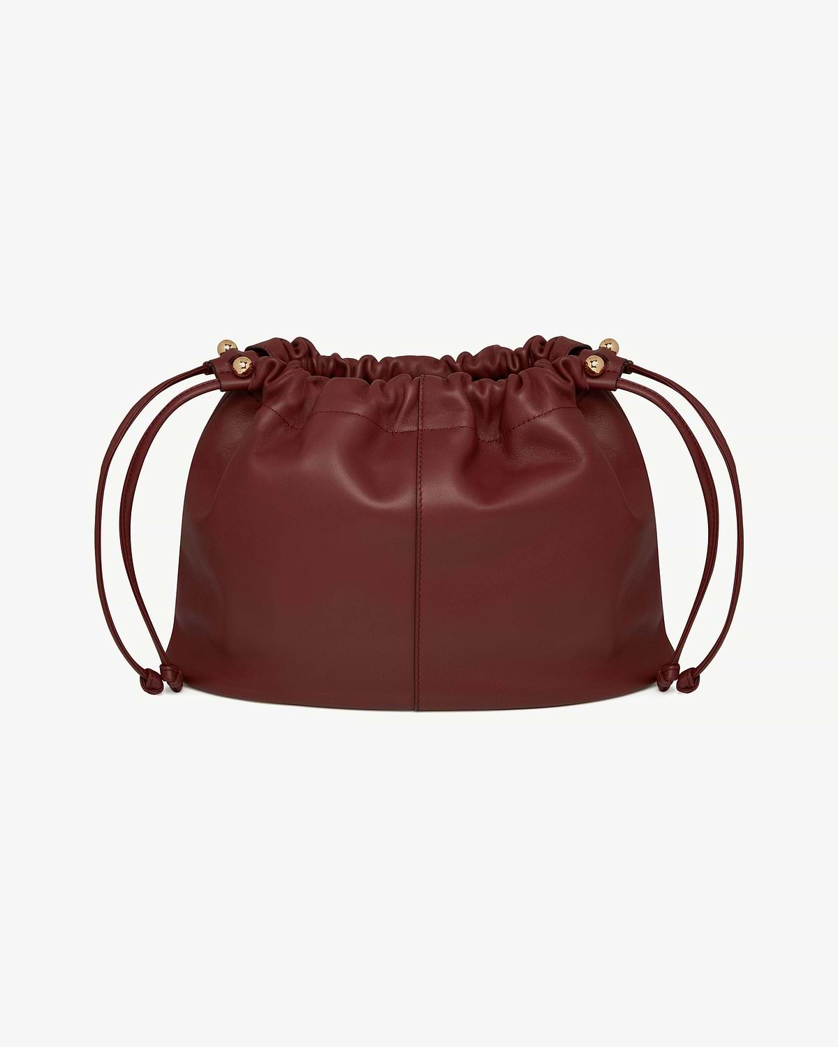 Oxblood leather midi drawstring bag with gathered top and gold-tone hardware.
