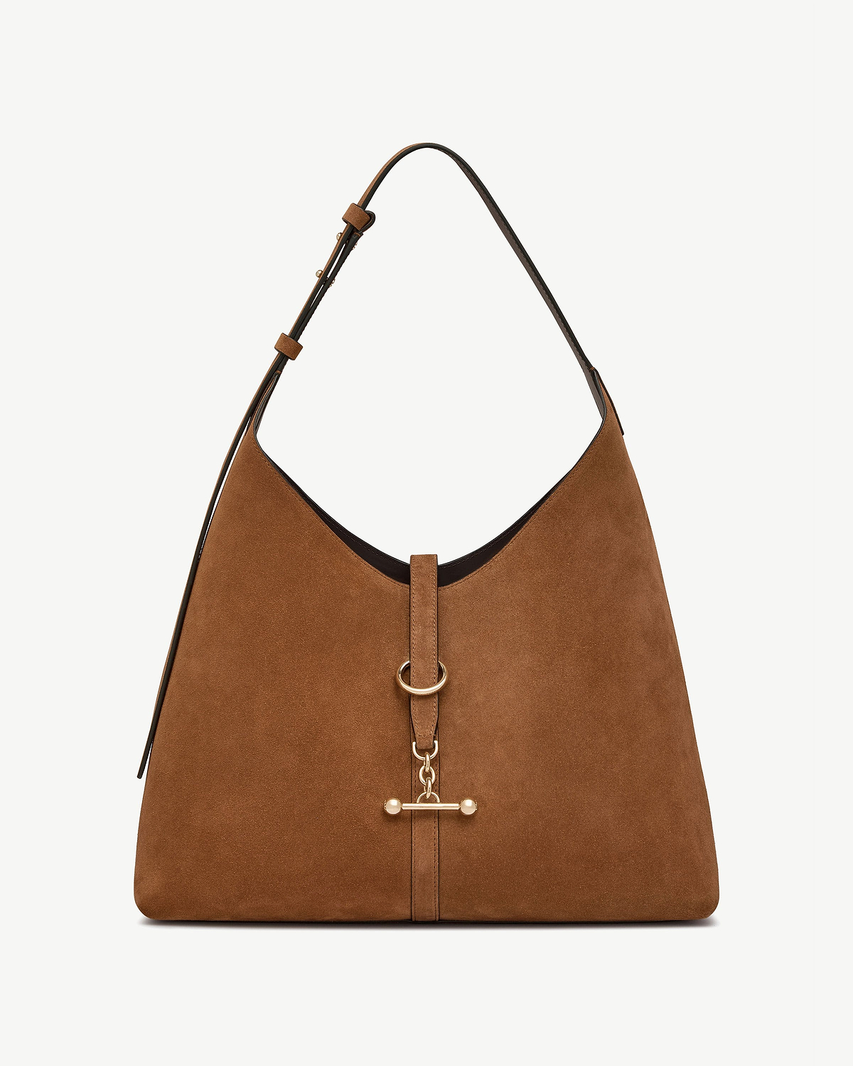 Tan suede hobo bag with shoulder strap and gold toggle fastening.
