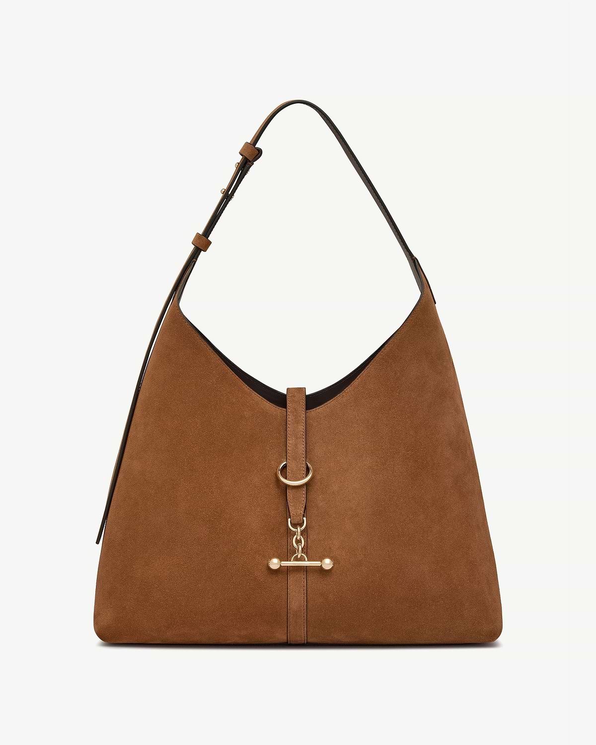 Tan suede hobo bag with shoulder strap and gold toggle fastening.