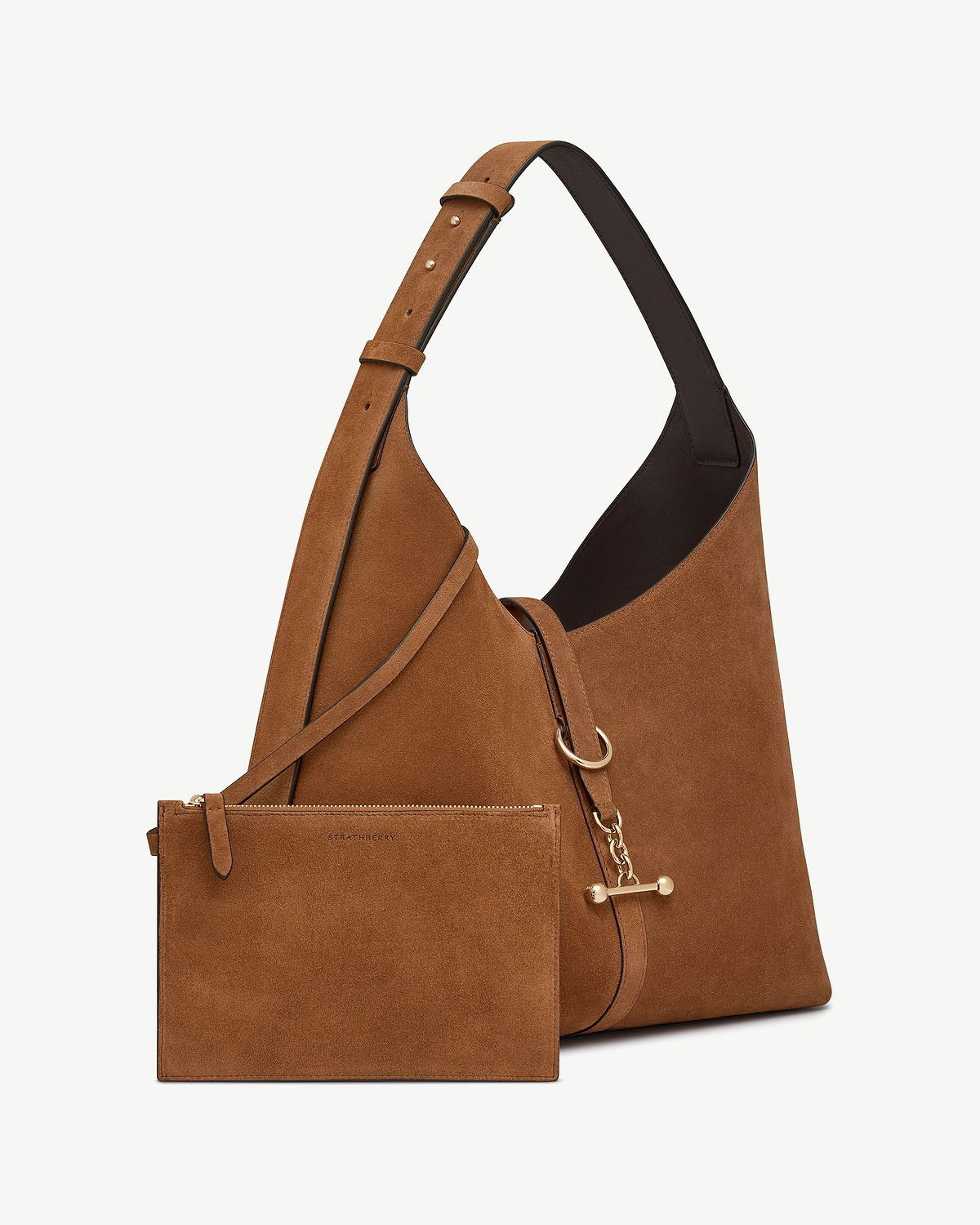 Tan suede Kite Hobo Maxi bag with Strathberry pouch, adjustable strap and gold fittings