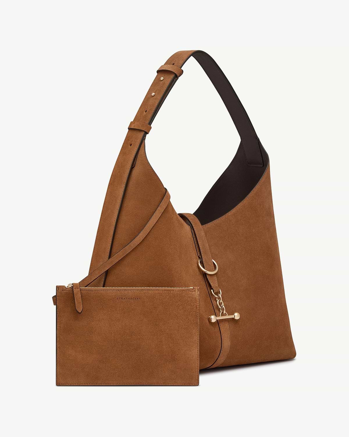 Tan suede Kite Hobo Maxi bag with Strathberry pouch, adjustable strap and gold fittings