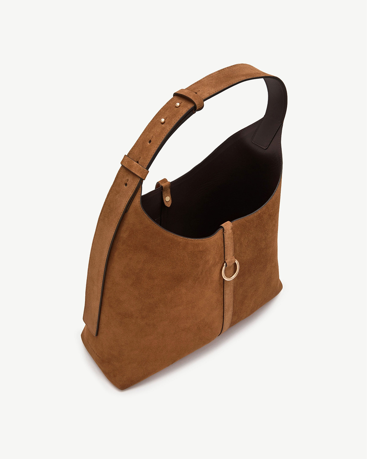 Tan suede hobo bag with adjustable shoulder strap and gold ring detail