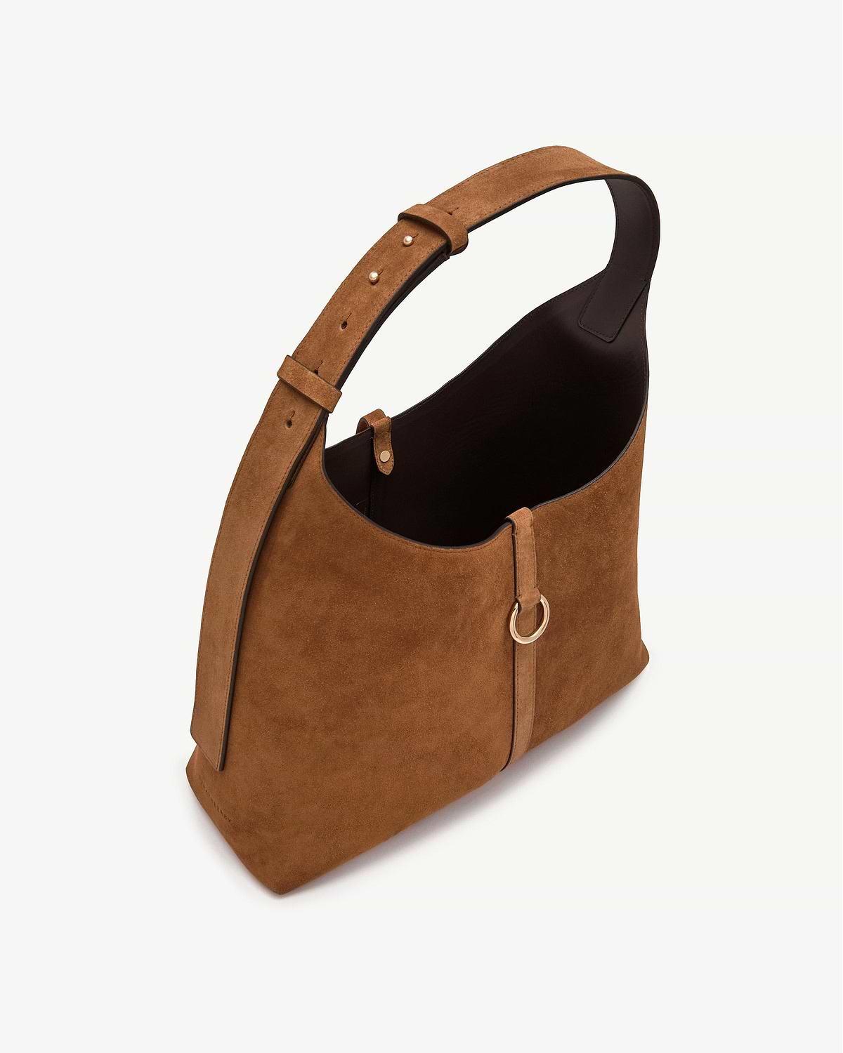 Tan suede hobo bag with adjustable shoulder strap and gold ring detail