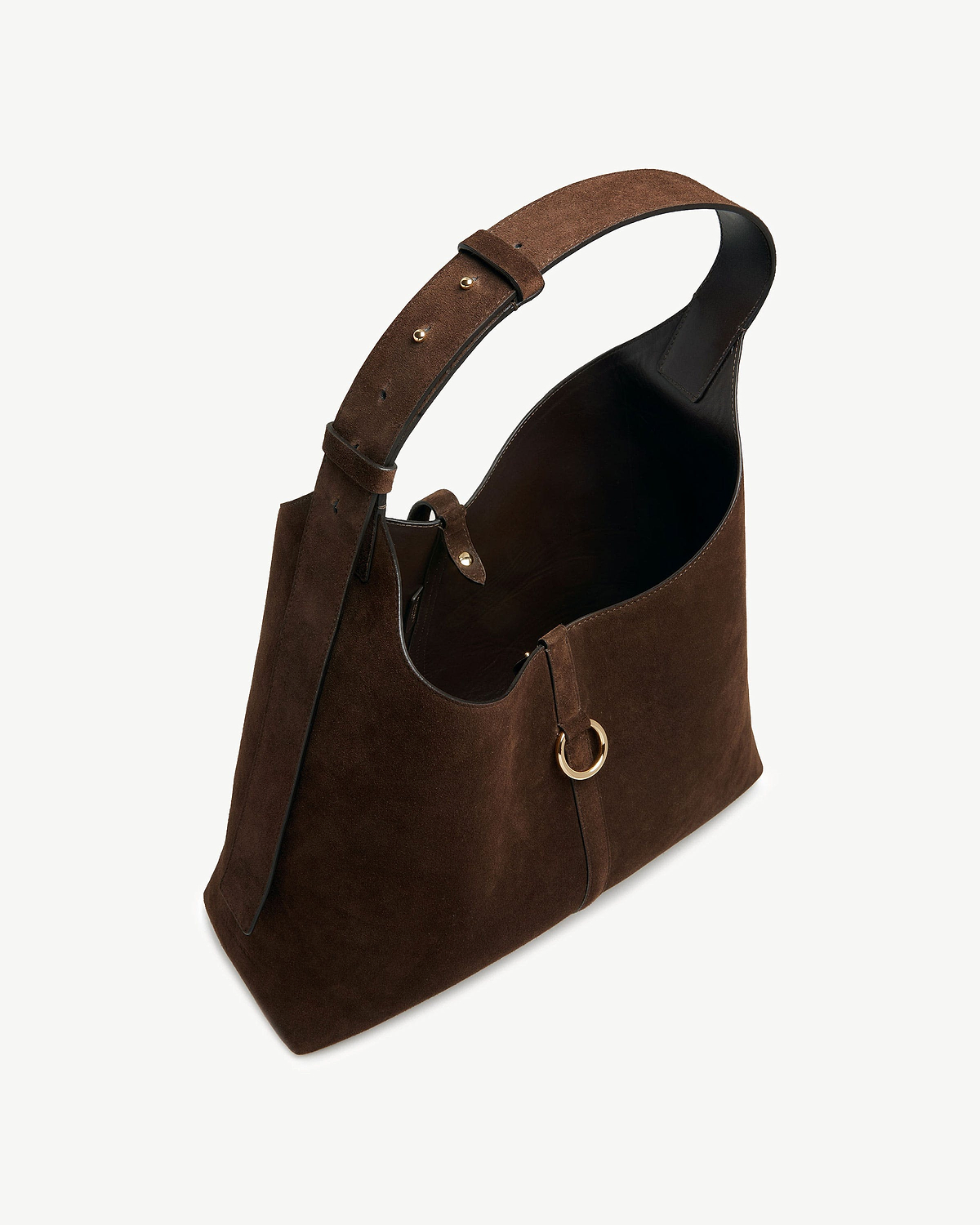 Chocolate suede hobo bag with wide adjustable strap and gold ring detail.