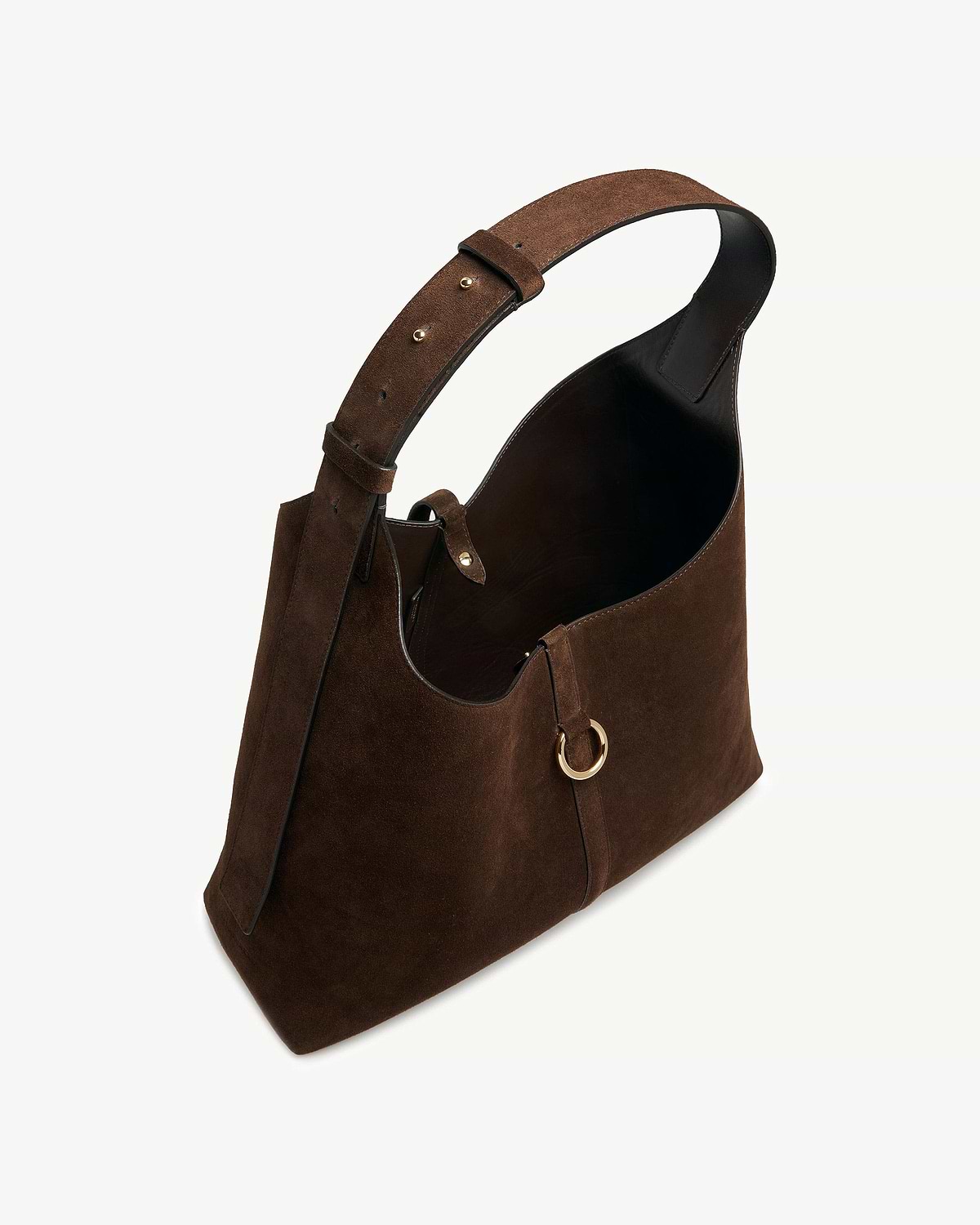 Chocolate suede hobo bag with wide adjustable strap and gold ring detail.