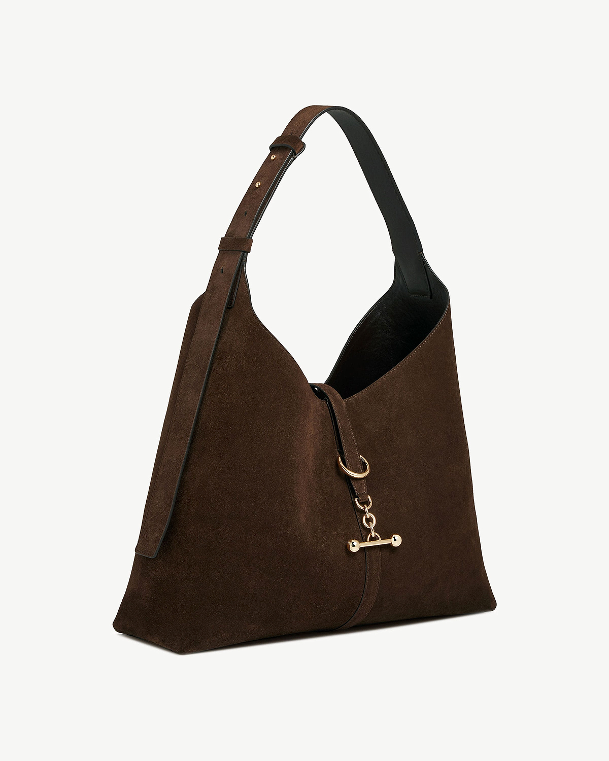 Chocolate suede hobo bag with single shoulder strap and gold hardware.