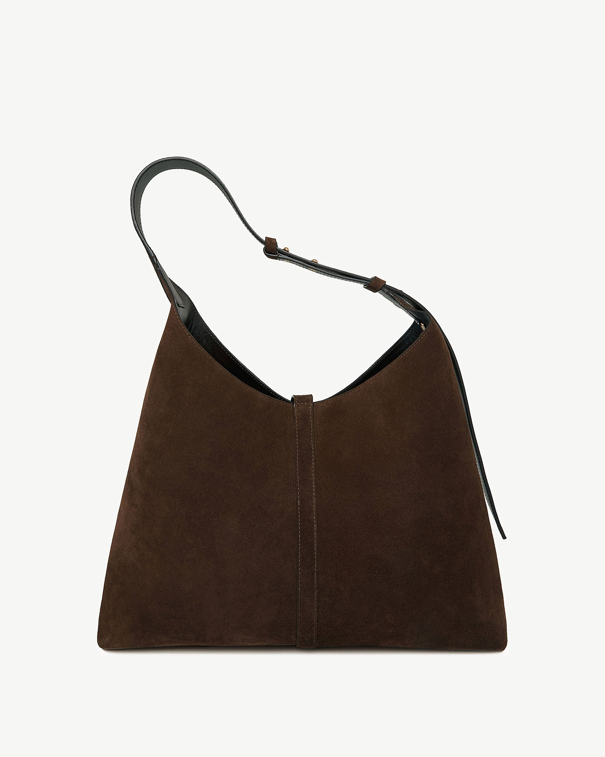 Chocolate suede Kite Hobo Maxi bag with single shoulder strap and central seam.