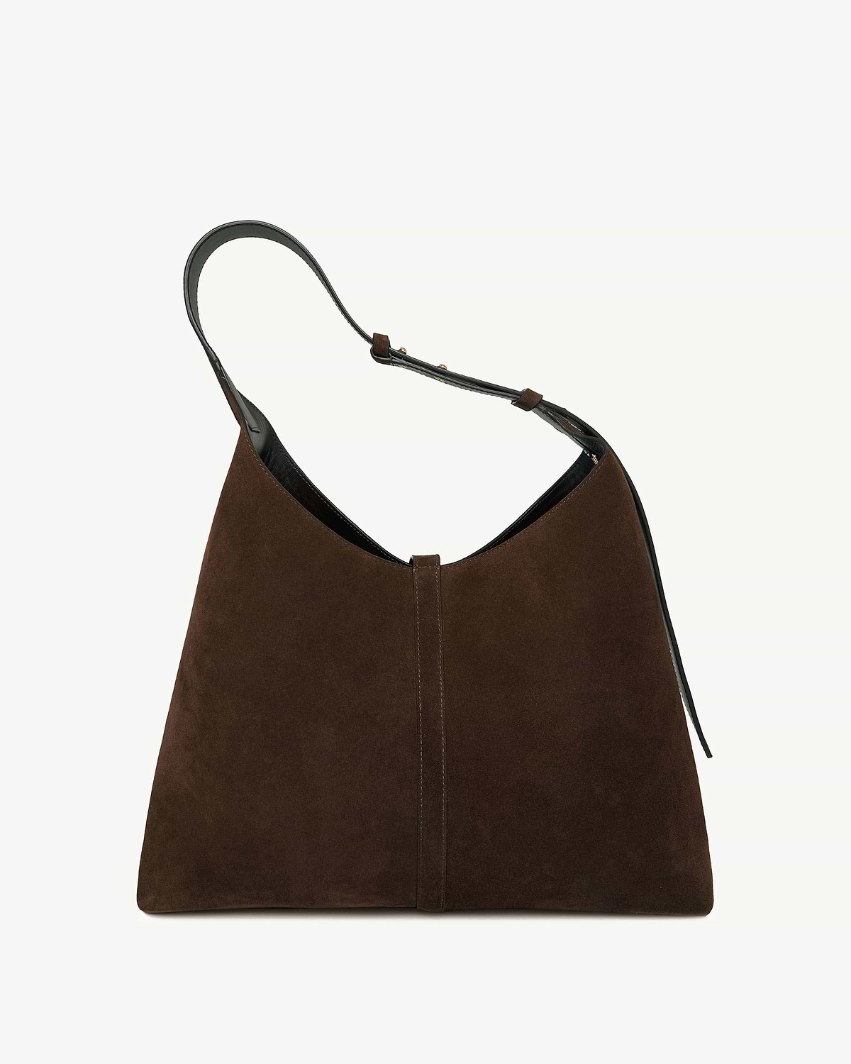 Chocolate suede Kite Hobo Maxi bag with single shoulder strap and central seam.