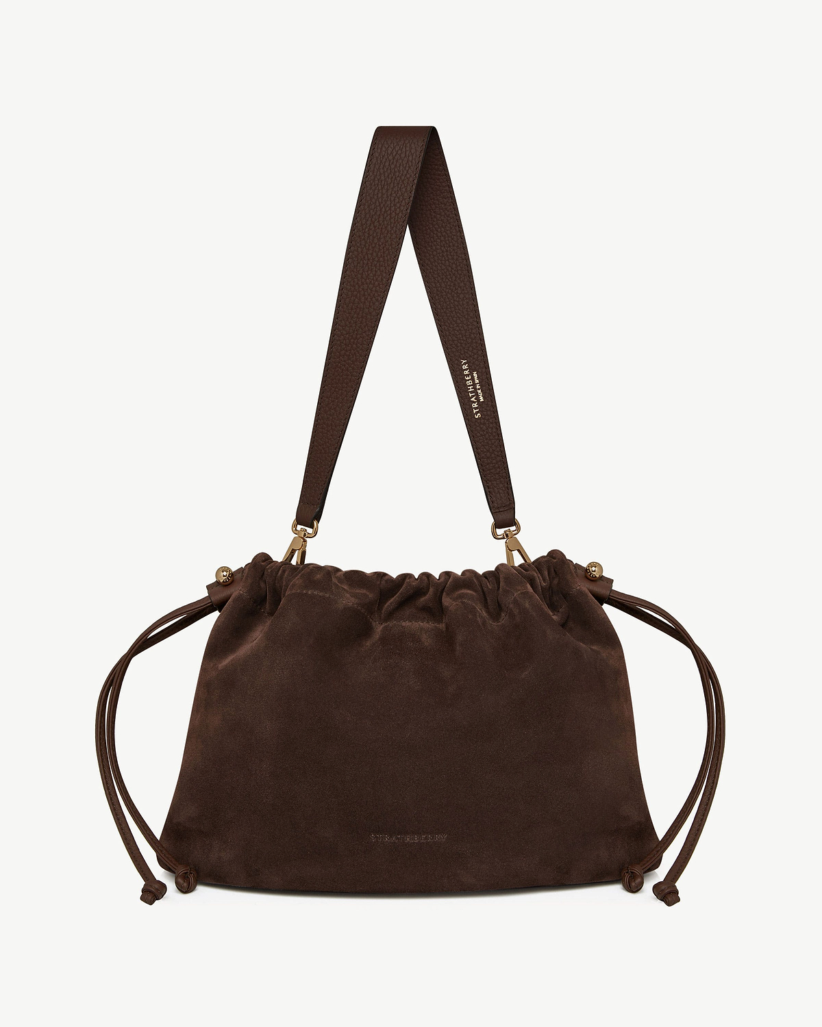Chocolate suede Charlotte midi drawstring bag with wide shoulder strap and Strathberry logo