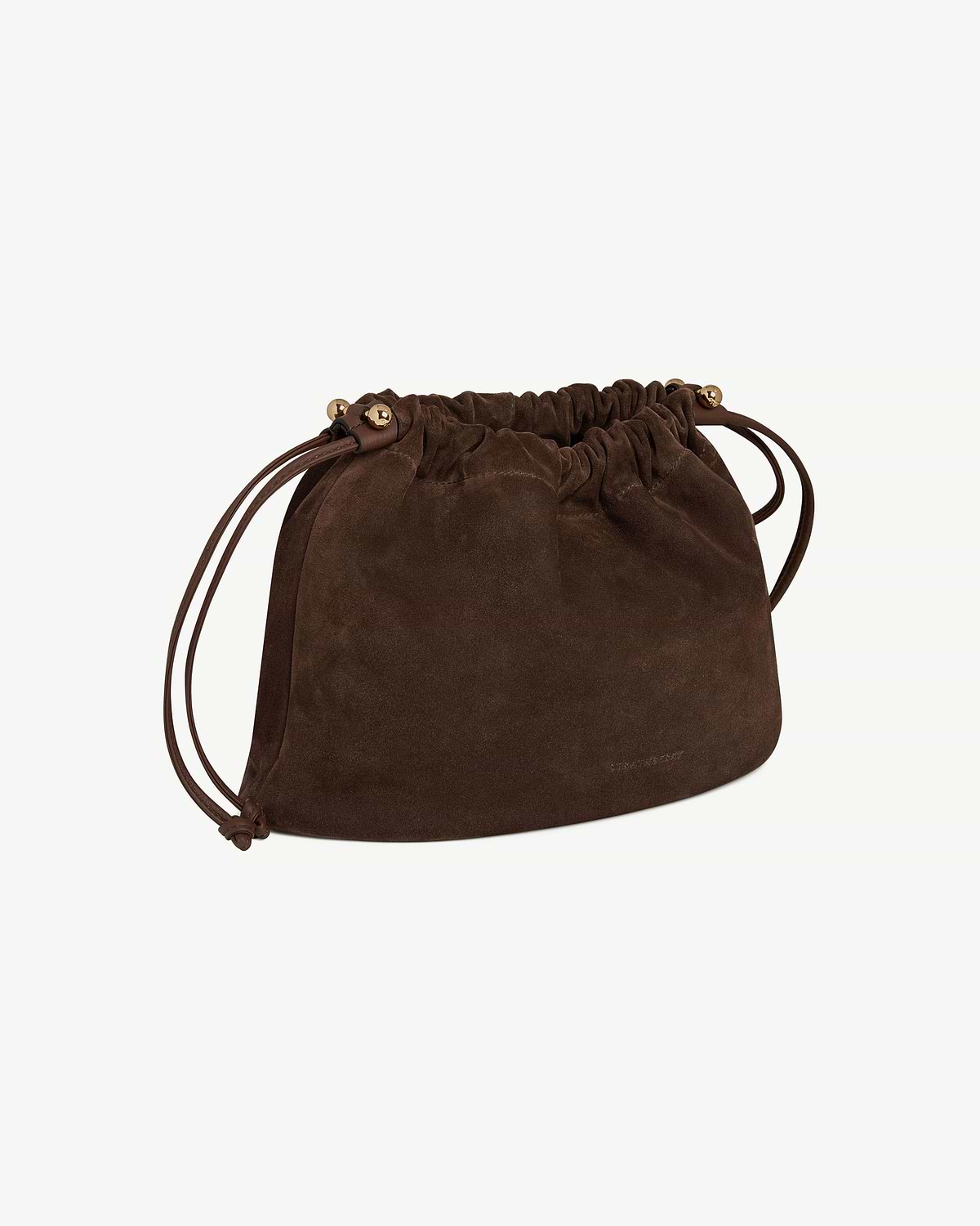Chocolate suede Charlotte midi drawstring bag with leather cords and gold fastenings.