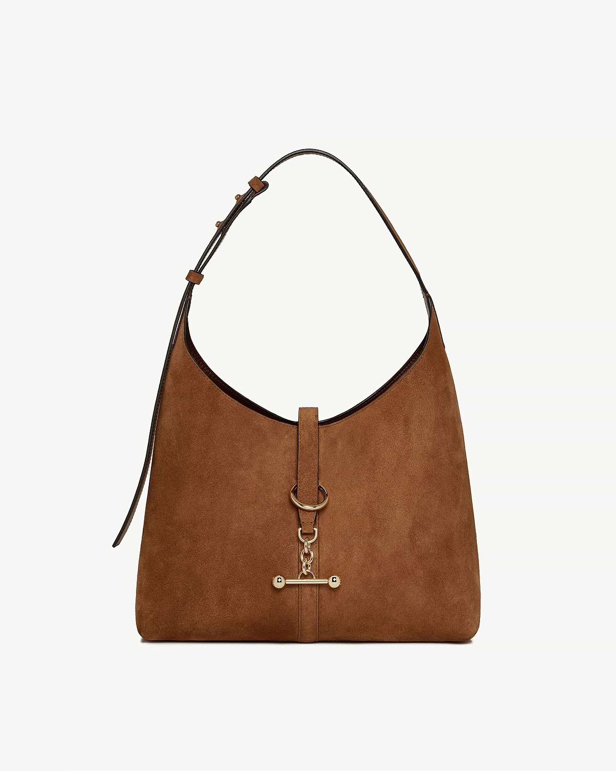 Tan suede hobo bag with single shoulder strap and gold ring and chain detailing.