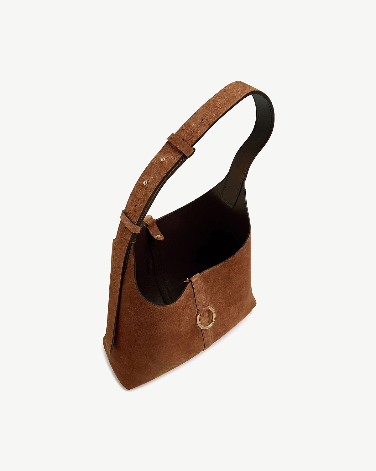 Tan suede Kite hobo bag with adjustable strap and gold ring hardware.