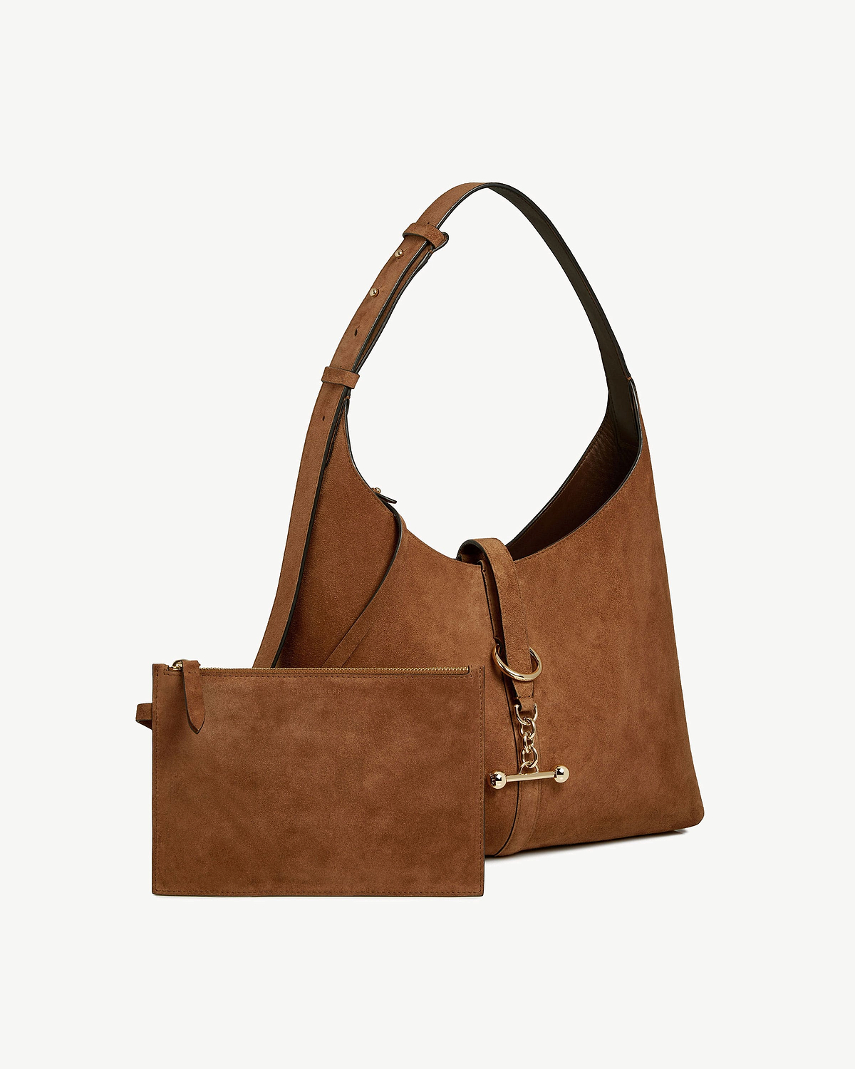 Tan suede Kite Hobo bag with detachable suede pouch and gold-tone hardware
