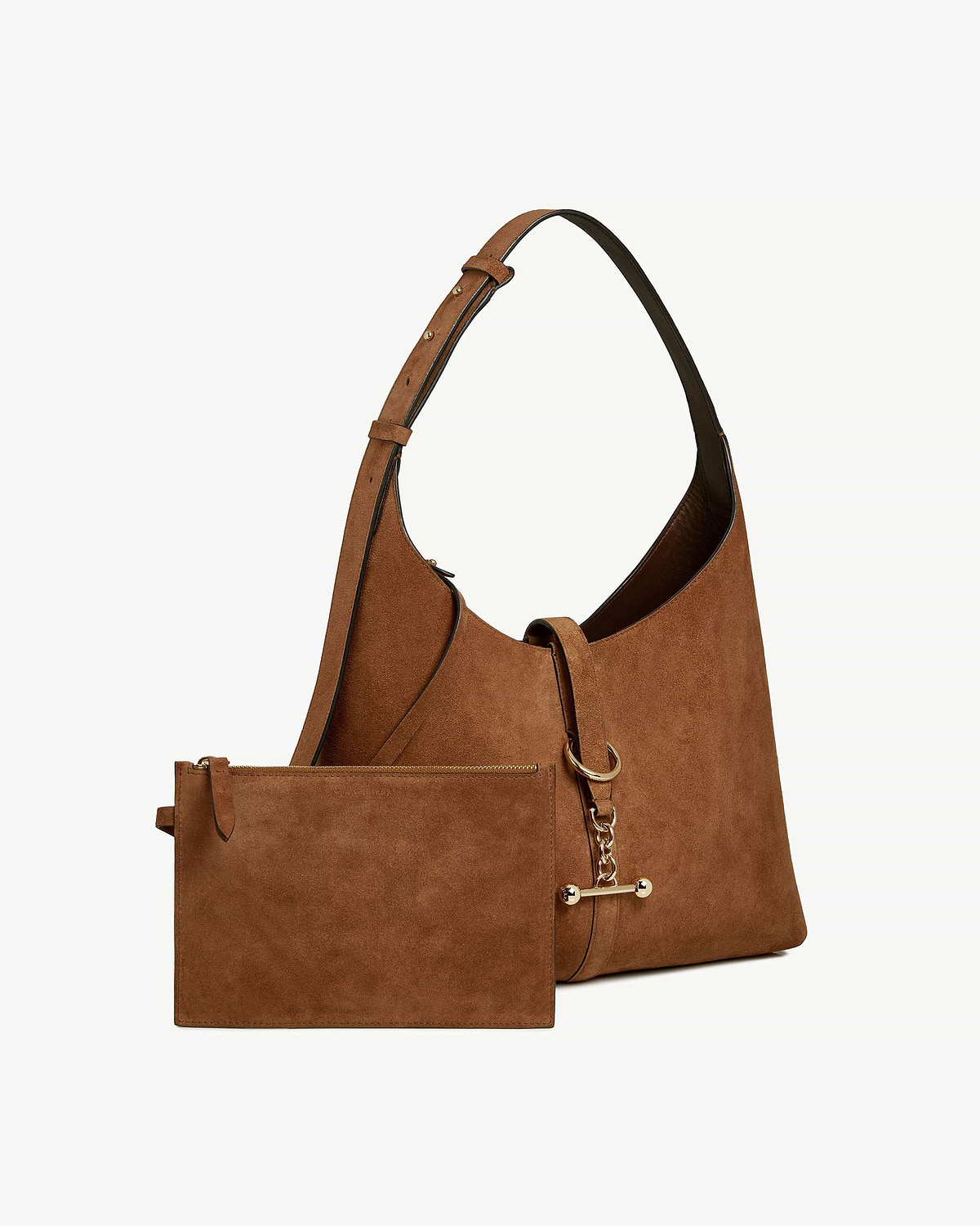 Tan suede Kite Hobo bag with detachable suede pouch and gold-tone hardware