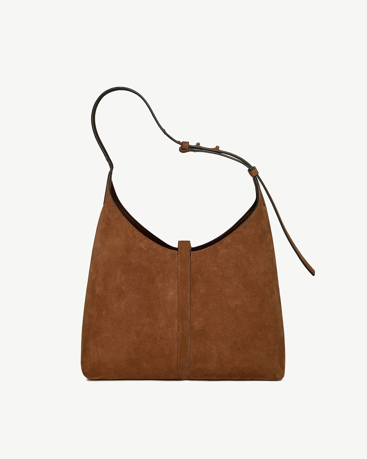 Tan suede Kite Hobo shoulder bag with thin strap and centre seam.