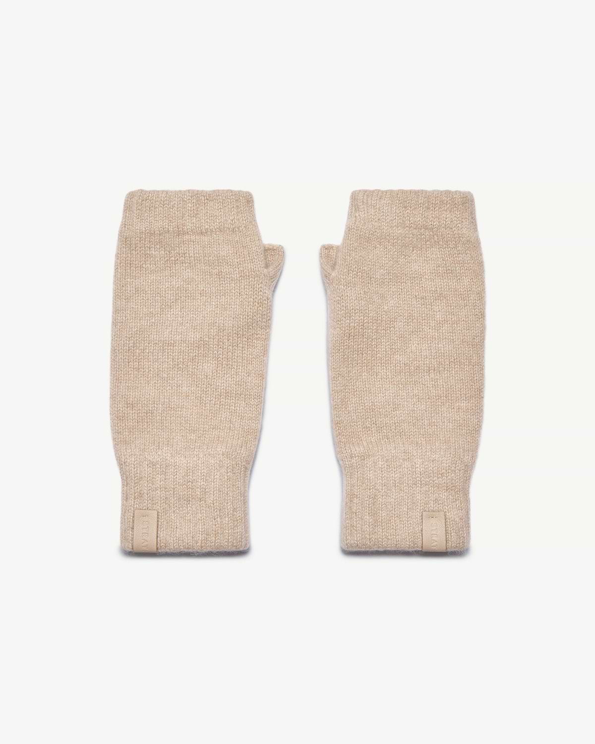 Pair of oat-coloured fingerless cashmere gloves with Strathberry leather logo tab.