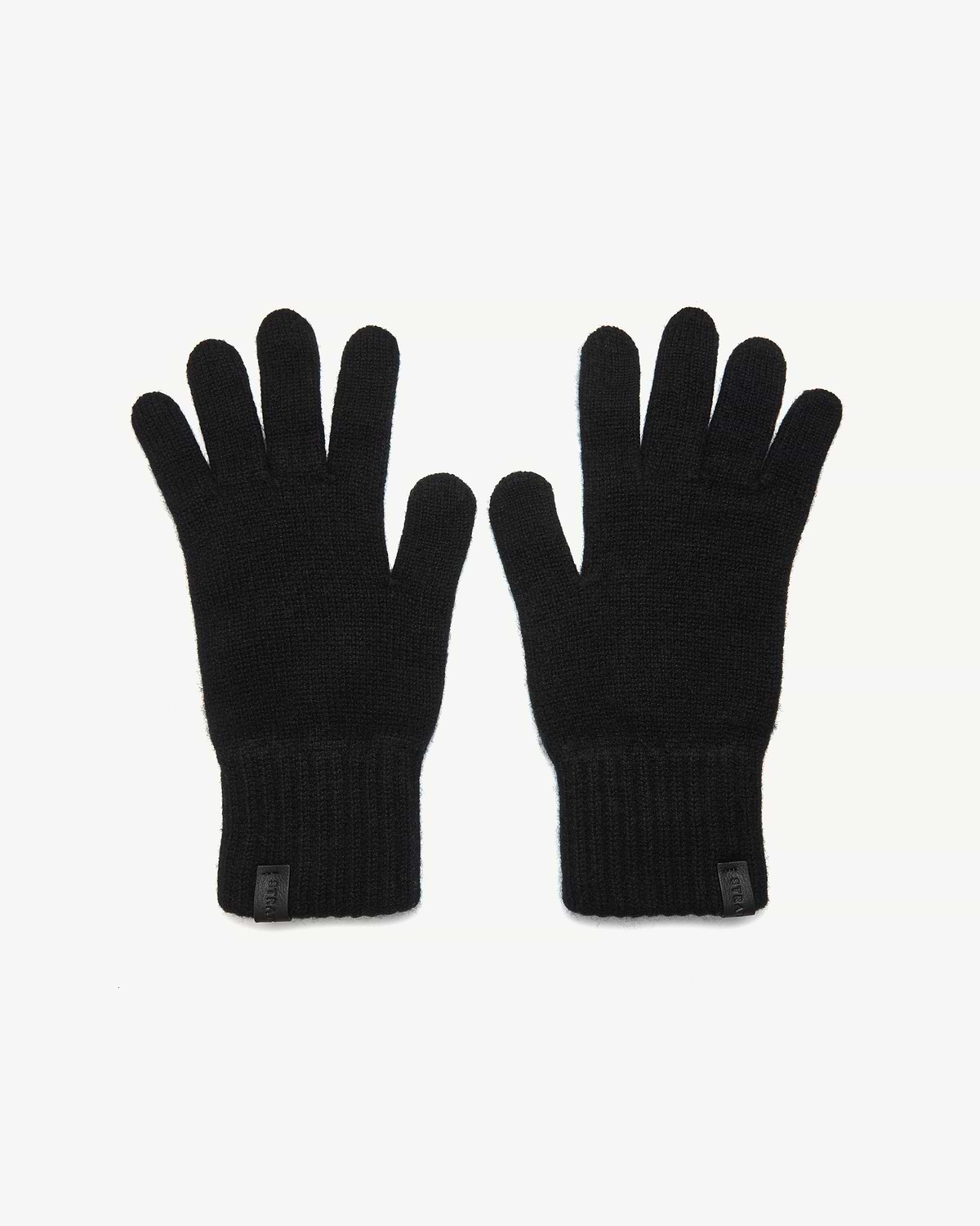 Pair of black knitted gloves with ribbed cuffs laid flat on white background.