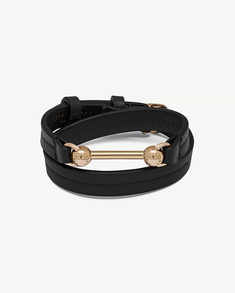Black double-wrap leather bracelet with gold Strathberry bar and discs.