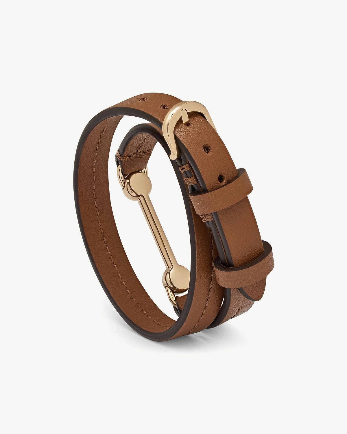 Hazelnut leather double-wrap bracelet with gold-tone bar and buckle hardware.