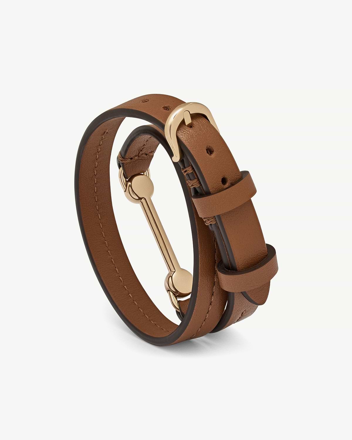 Hazelnut leather double-wrap bracelet with gold-tone bar and buckle hardware.