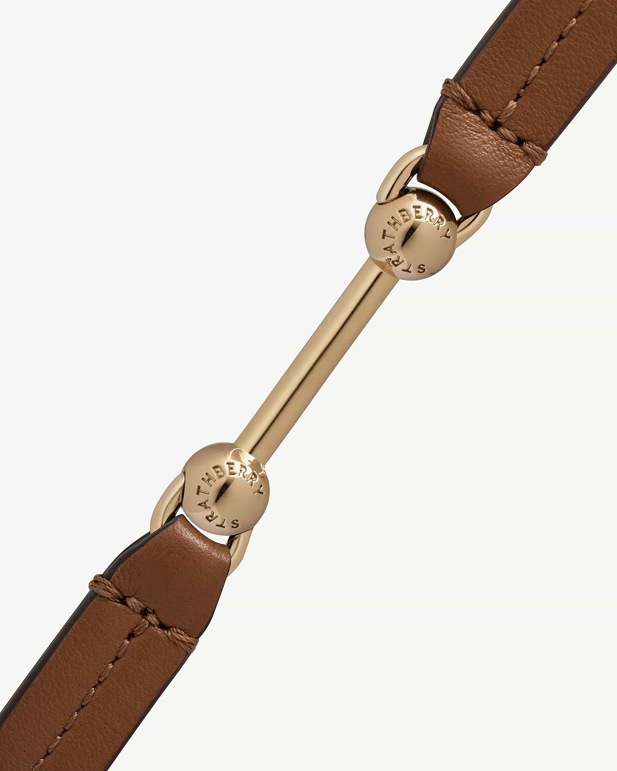 Hazelnut leather double-wrap bracelet strap with gold Strathberry engraved bar.