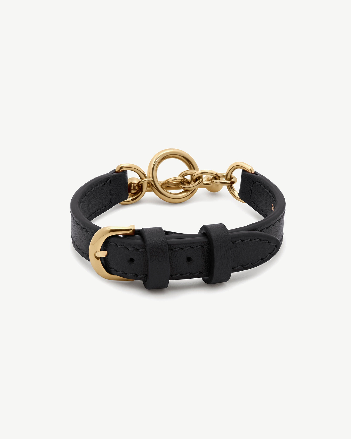 Black leather bracelet with gold circular clasp, chain links and buckle.