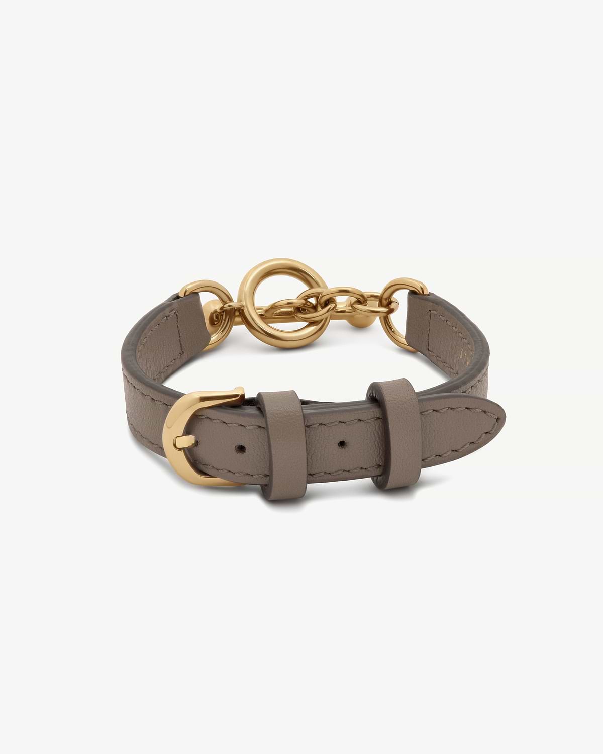Taupe leather Kite bracelet with gold ring and chain fastening, buckle visible.