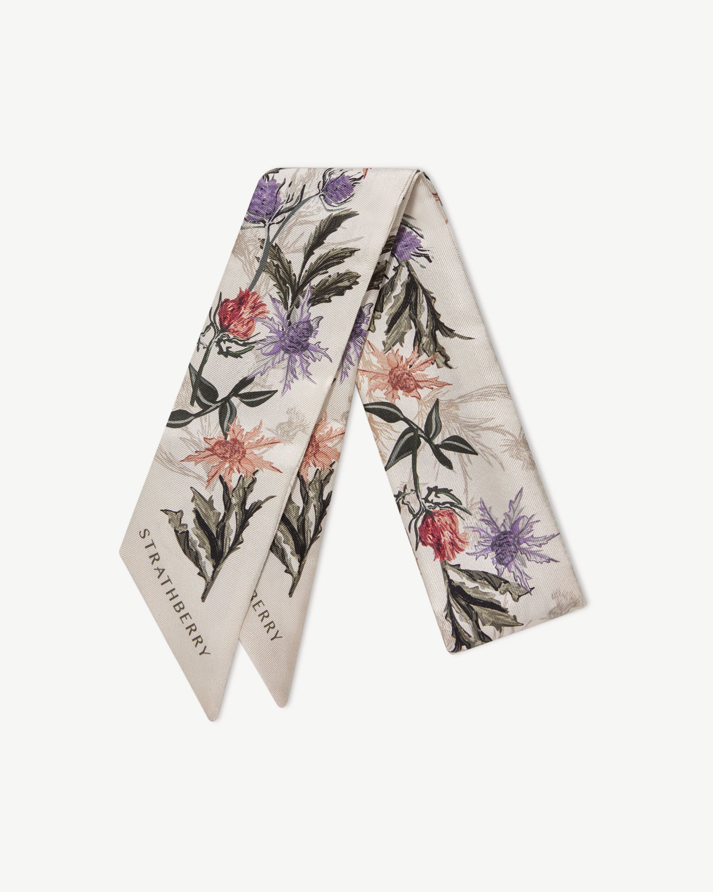 Strathberry silk skinny scarf in vanilla with forest green thistle floral print.