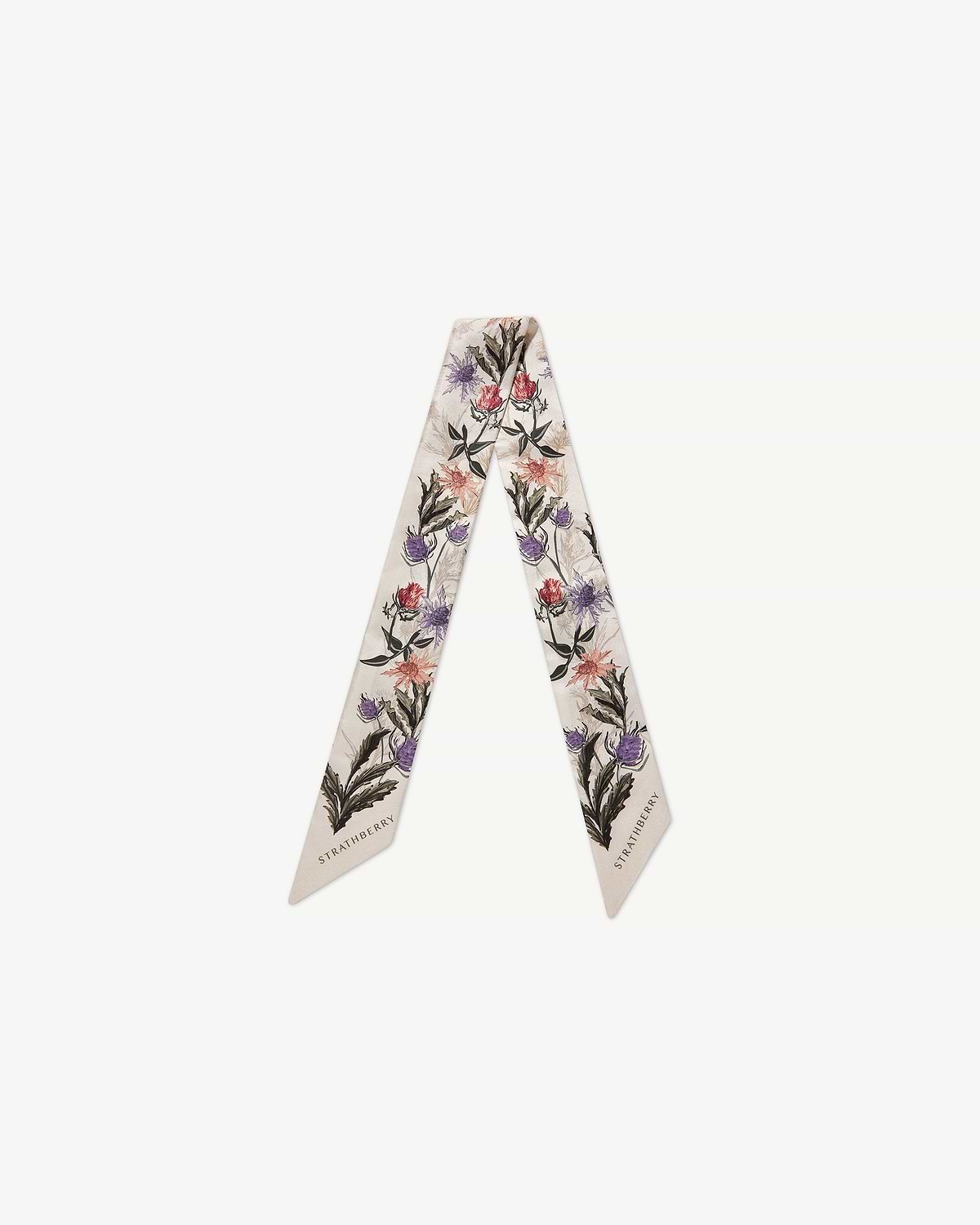 Strathberry silk skinny scarf in vanilla with forest green thistle print