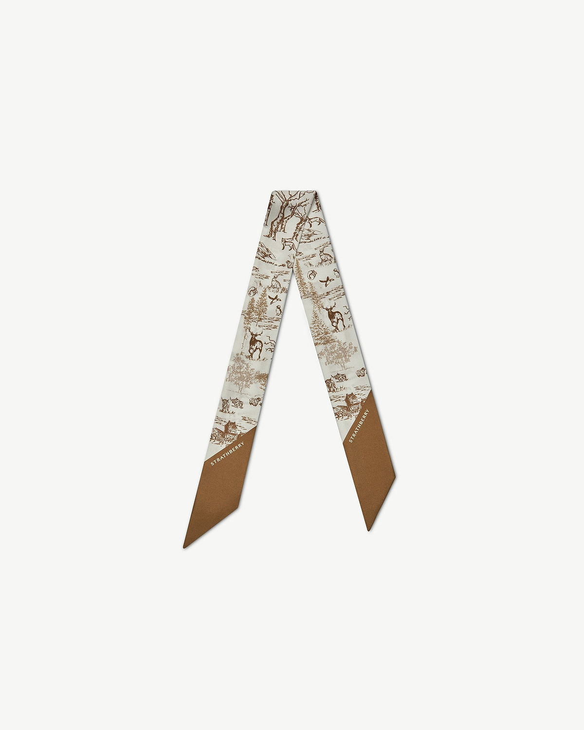 Silk skinny scarf in tan and vanilla with animal wallpaper print and Strathberry logo.