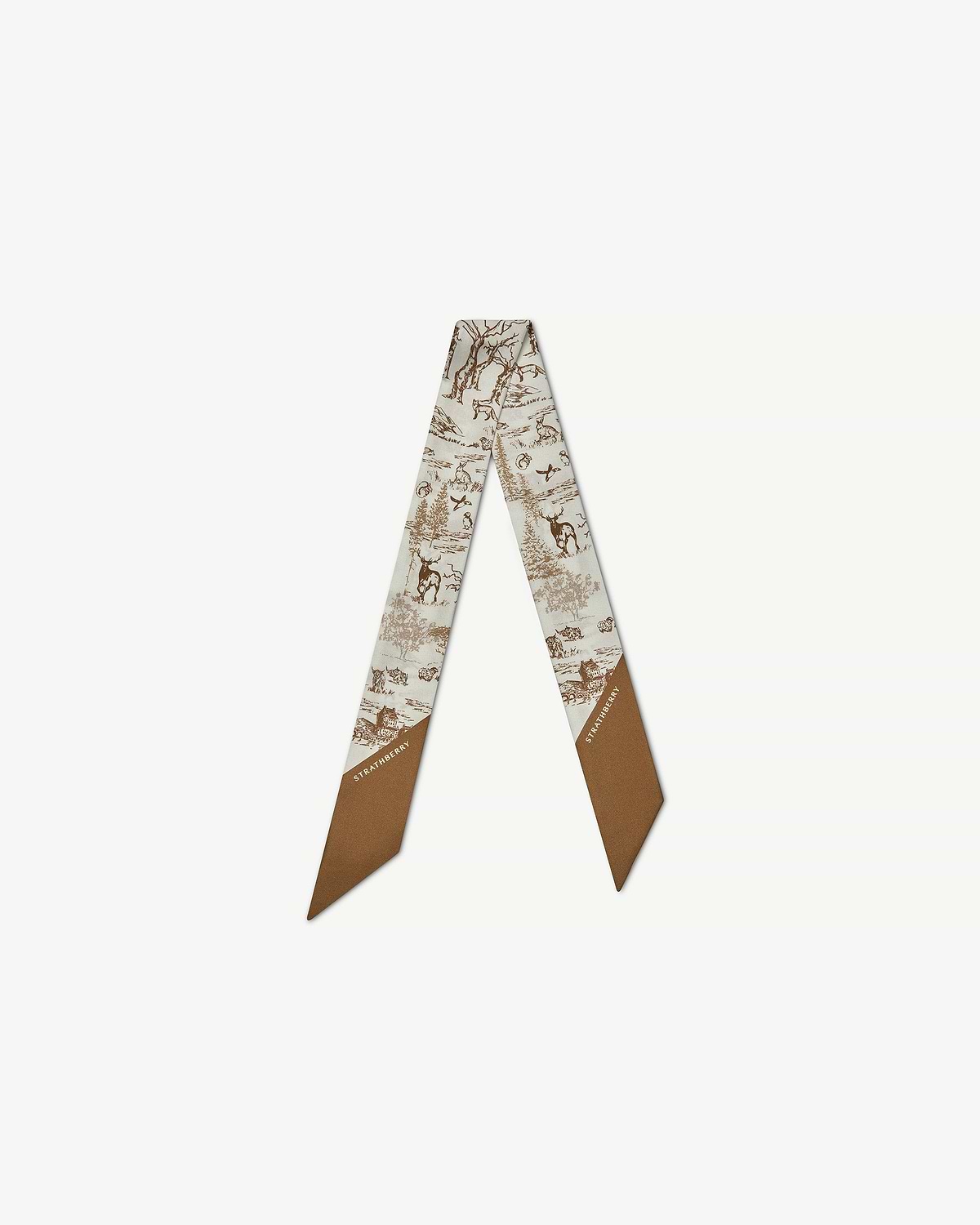 Silk skinny scarf in tan and vanilla with animal wallpaper print and Strathberry logo.