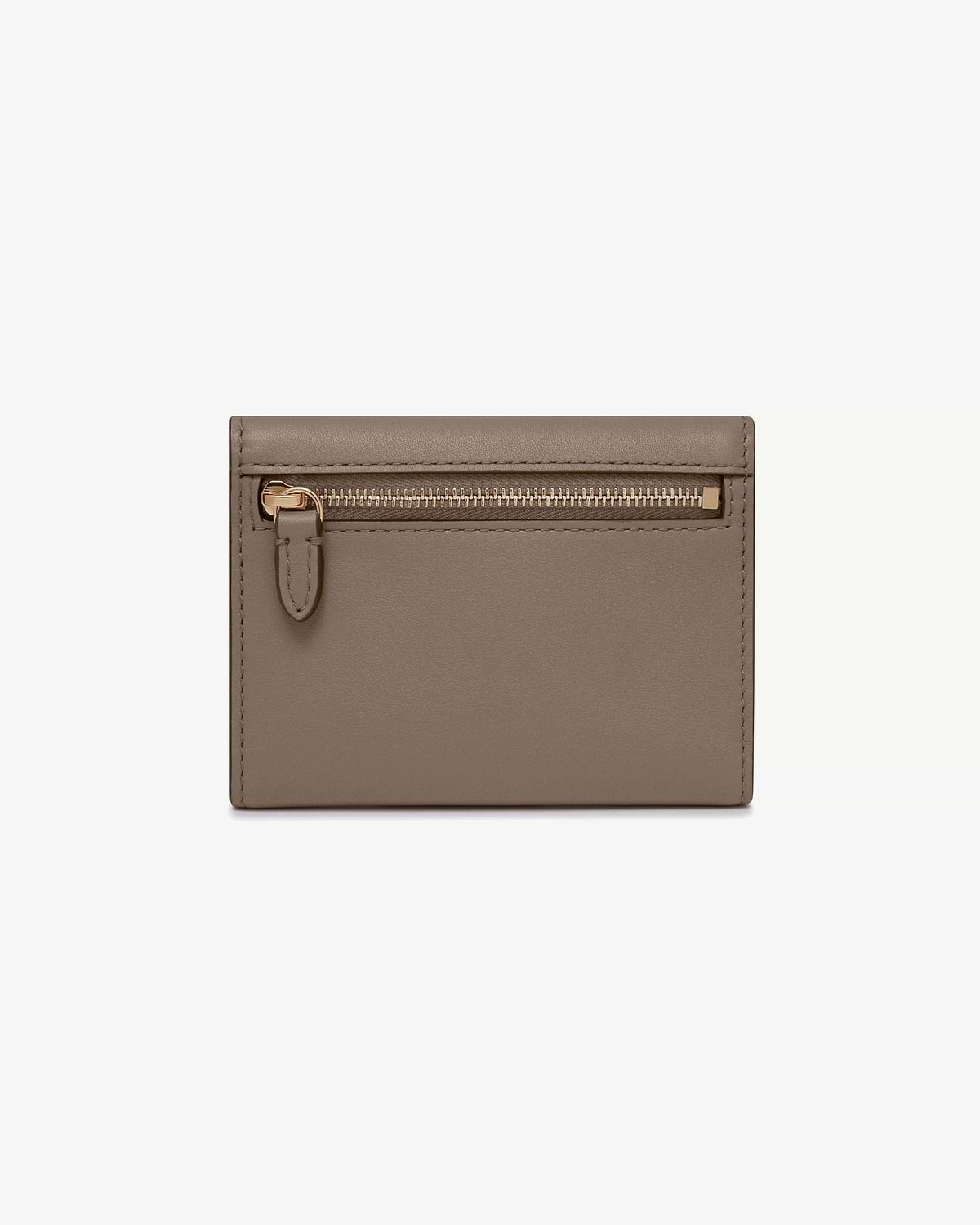 Taupe trifold wallet with front gold-tone zip pocket and stitched leather exterior.