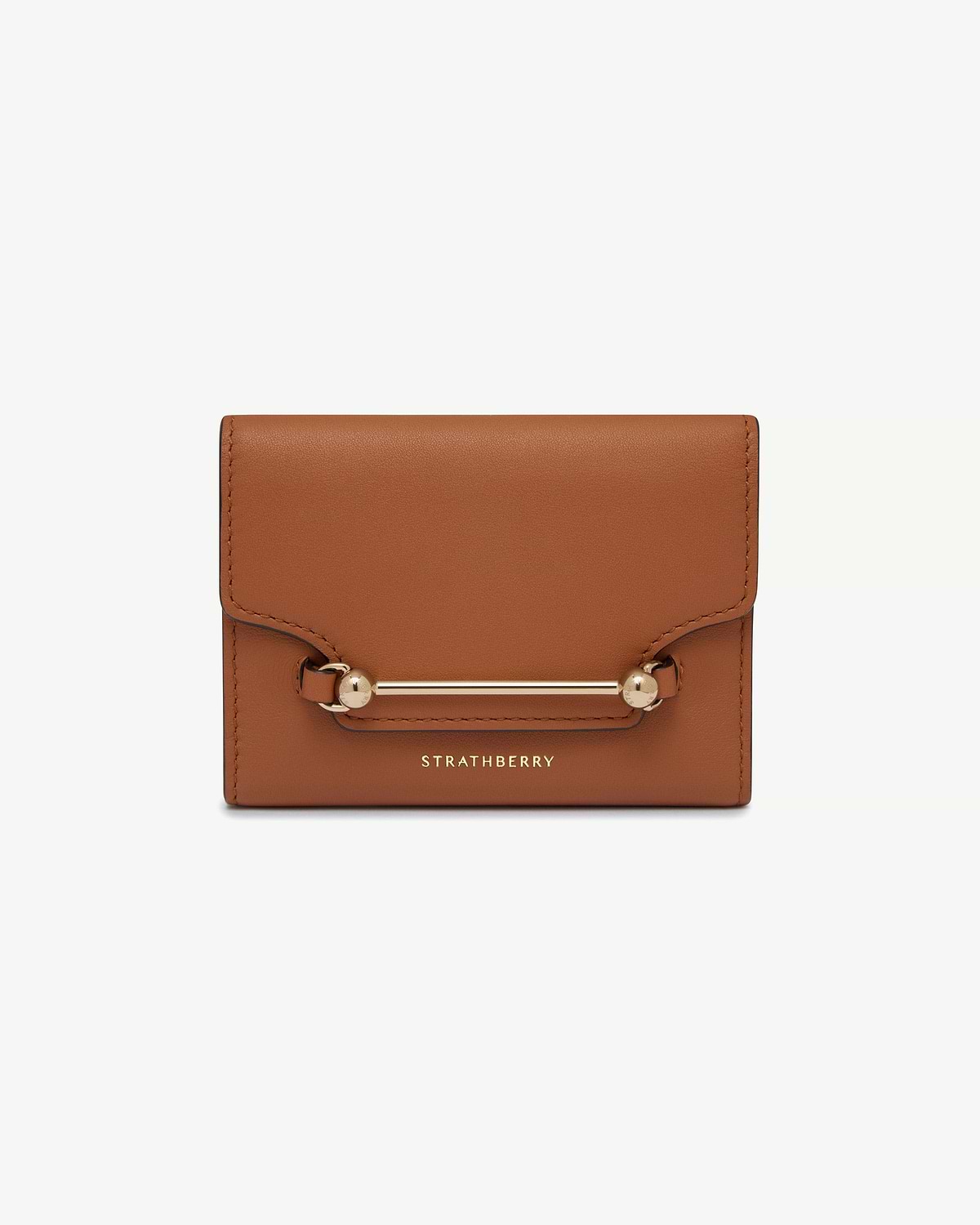 Chestnut leather trifold wallet with gold bar detail and Strathberry logo
