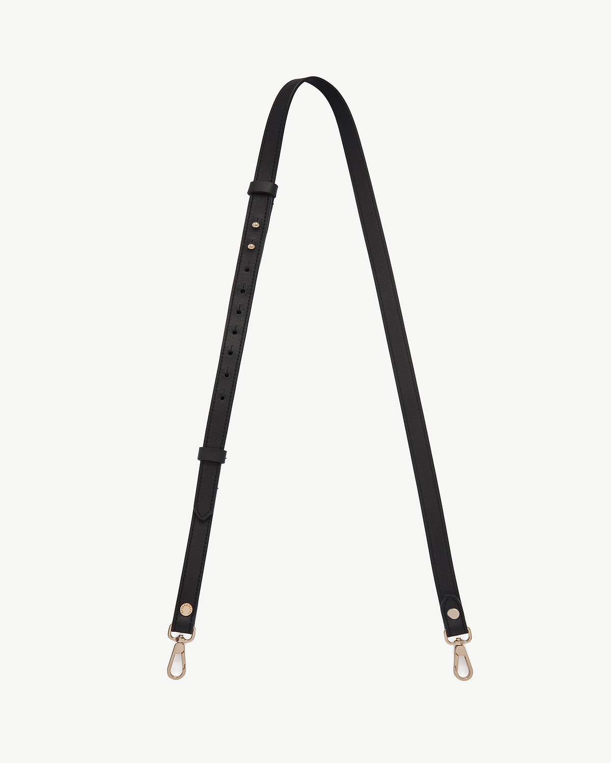 Black thin adjustable leather strap with gold-tone swivel lobster clasps at both ends.