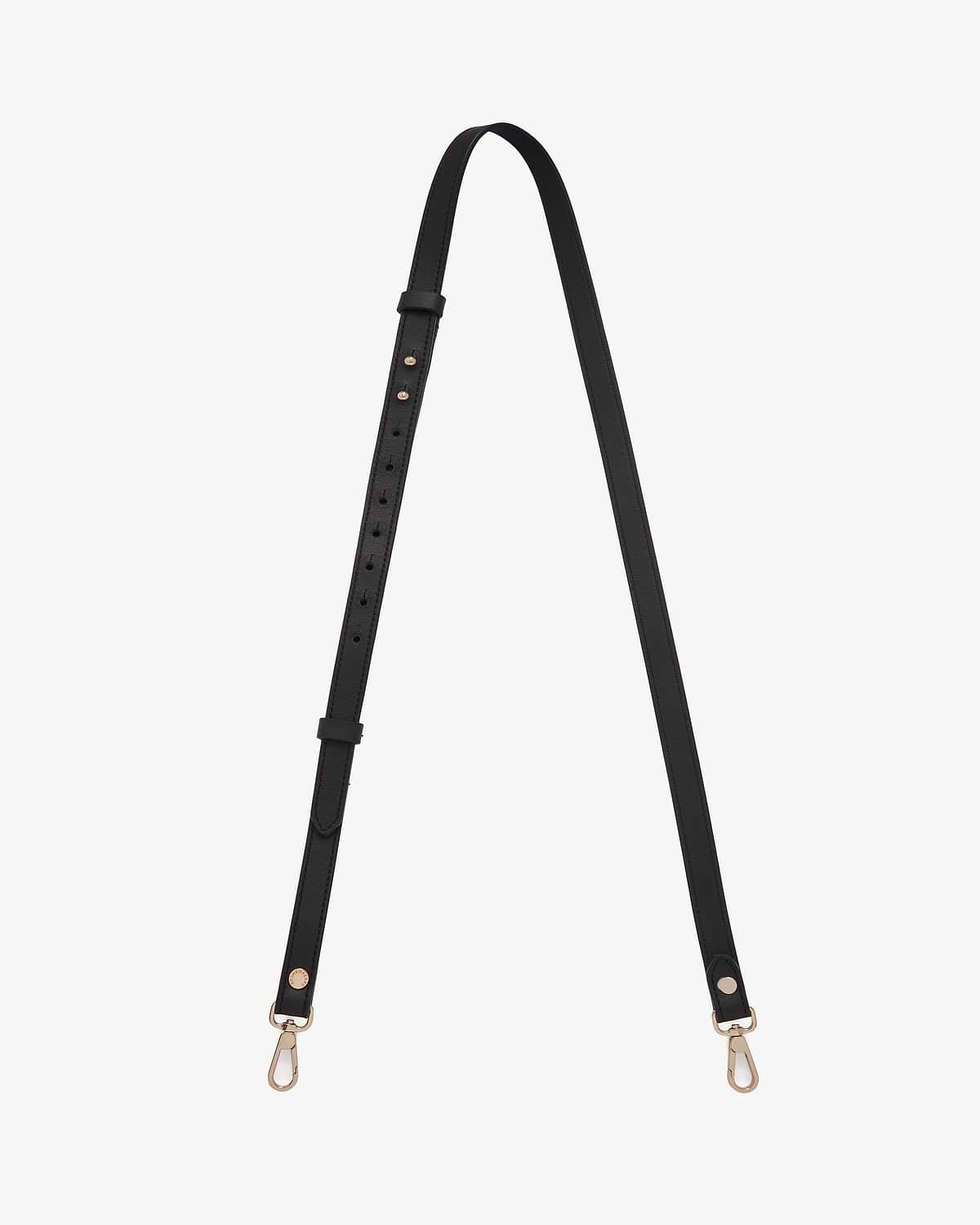 Black thin adjustable leather strap with gold-tone swivel lobster clasps at both ends.