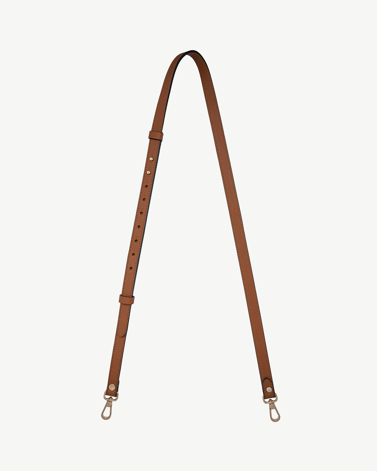 Thin adjustable chestnut leather strap with gold-tone swivel hooks and stitching