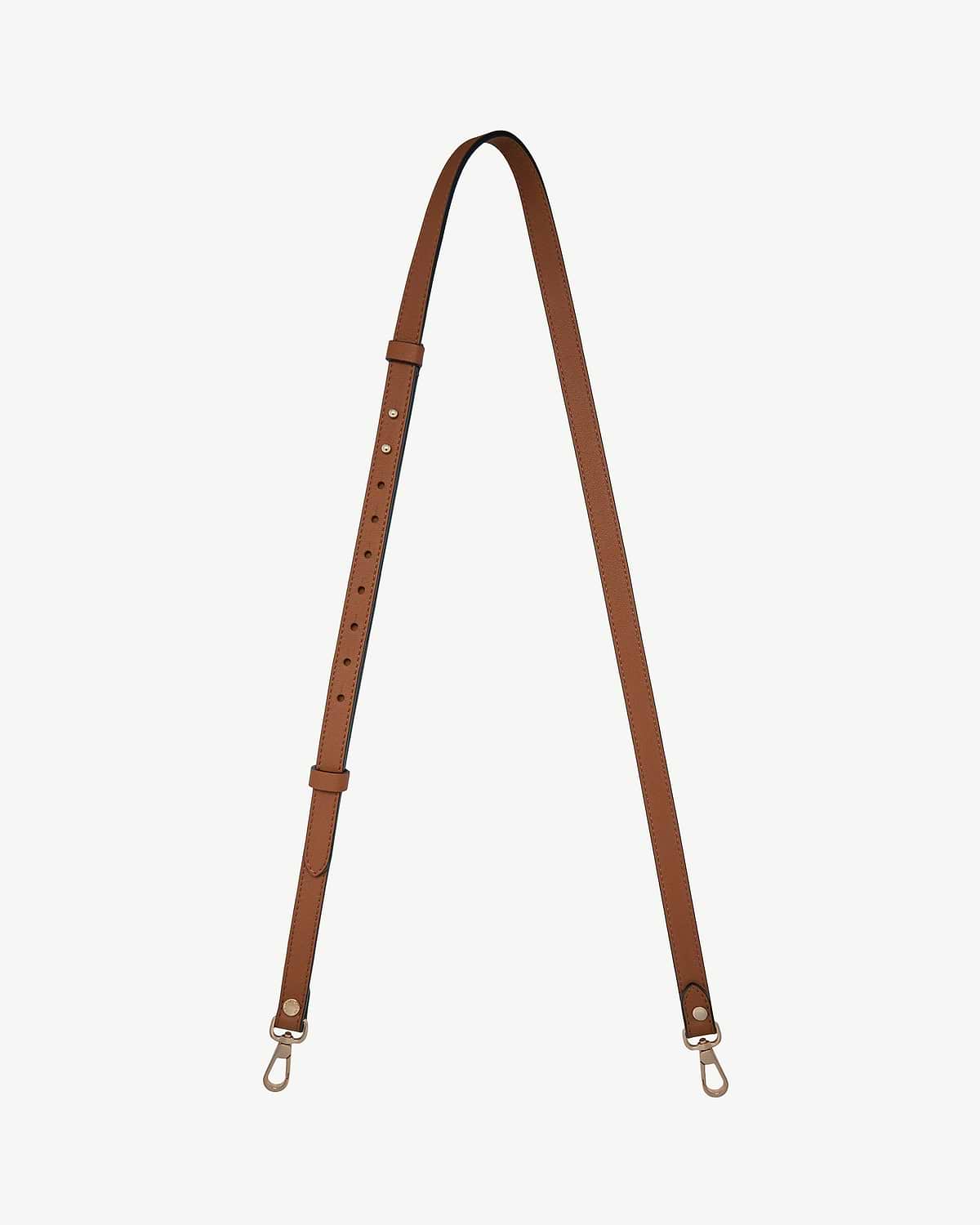 Thin adjustable chestnut leather strap with gold-tone swivel hooks and stitching