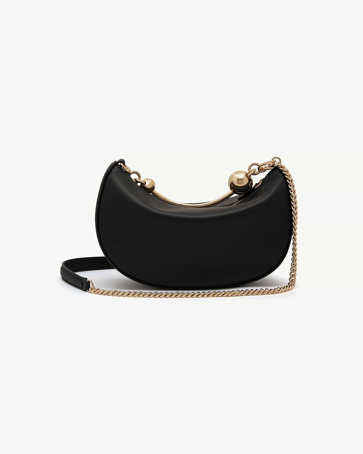 Black crescent-shaped mini bag with gold metal chain strap and ball clasp.