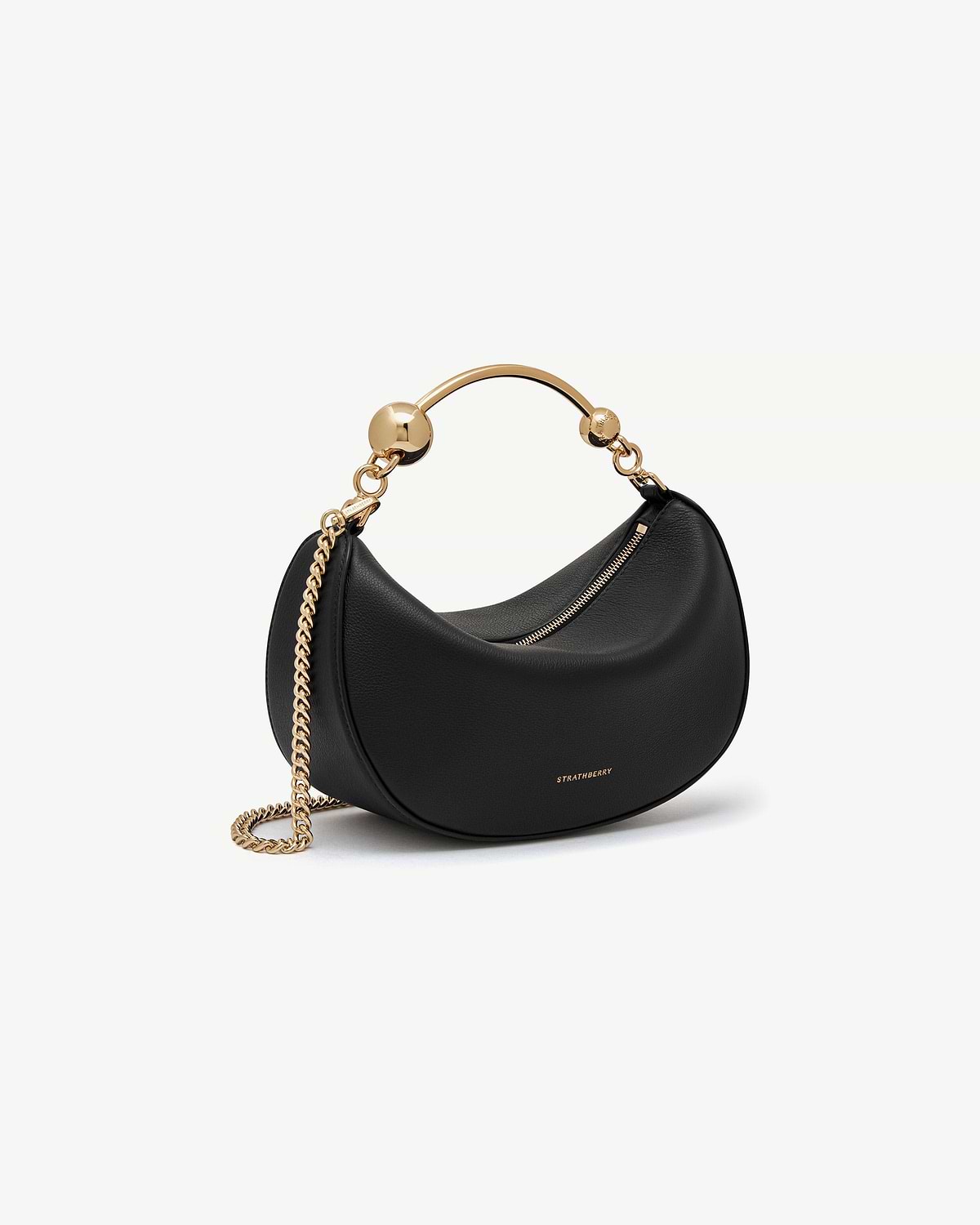 Black Strathberry Crescent Moon Mini leather bag with gold chain strap