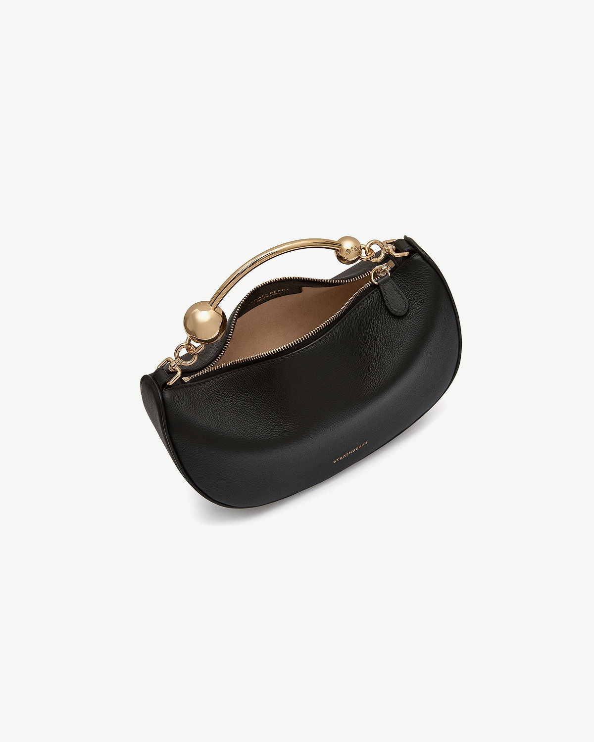 Black Crescent Moon Mini bag with gold arched handle and zip, Strathberry