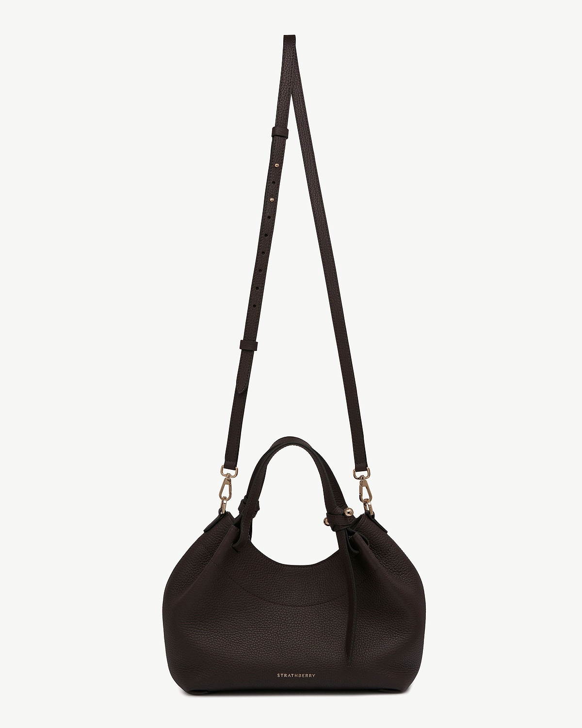 Strathberry espresso pebbled leather handbag with top handles and detachable shoulder strap