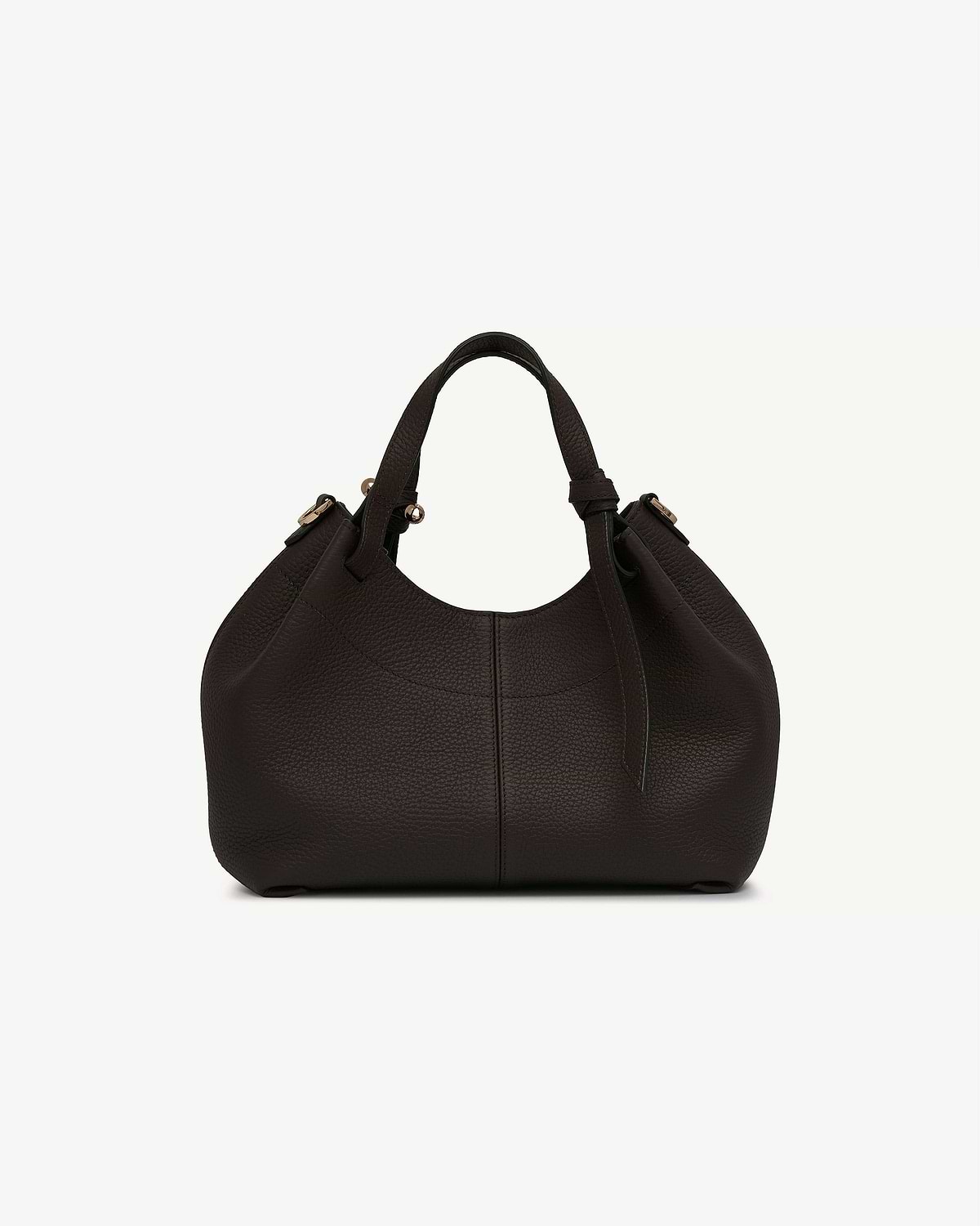 Espresso pebbled leather mini top handle bag with curved silhouette and gold hardware.