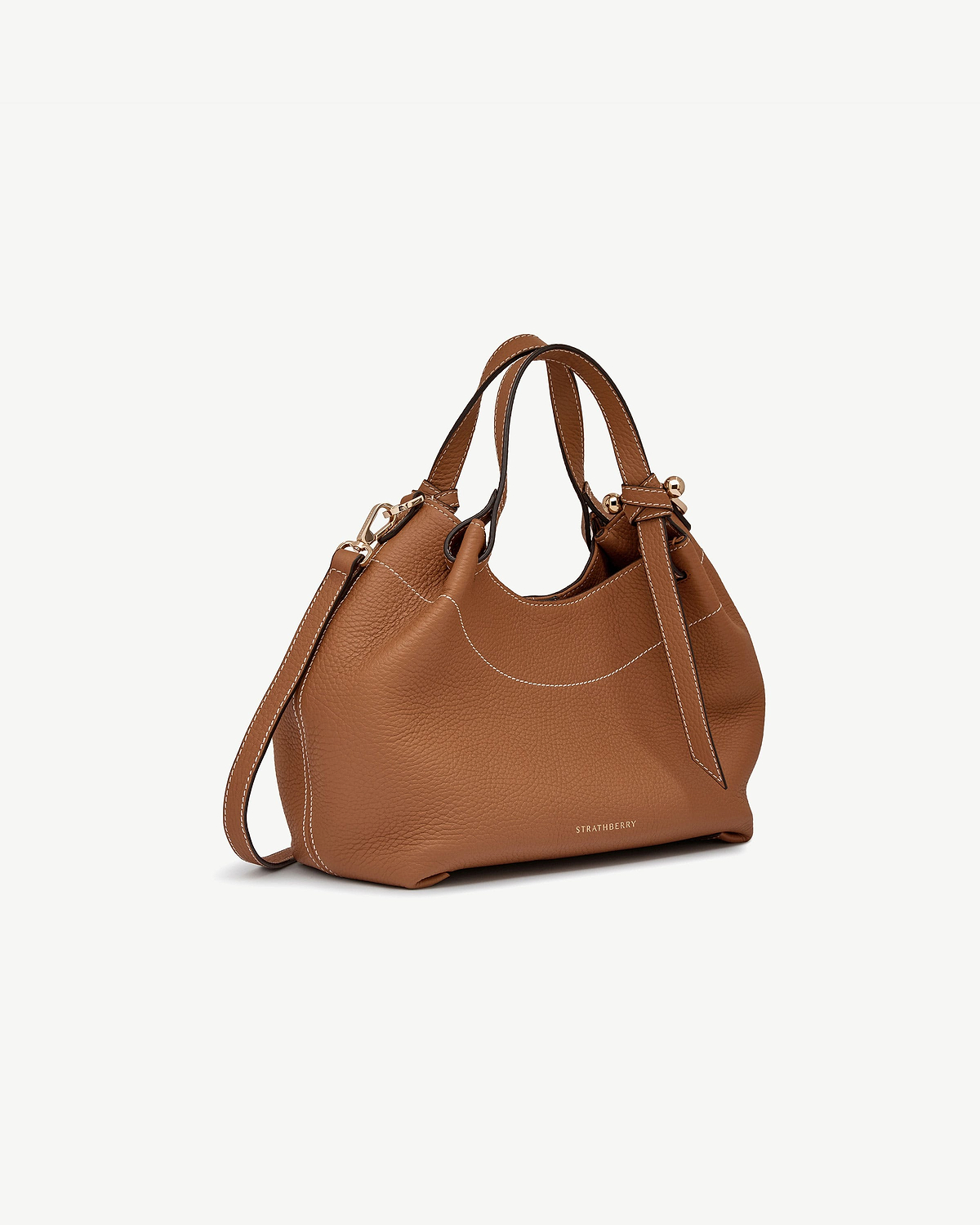 Strathberry Barra Mini tan leather bag with top handles and detachable shoulder strap.