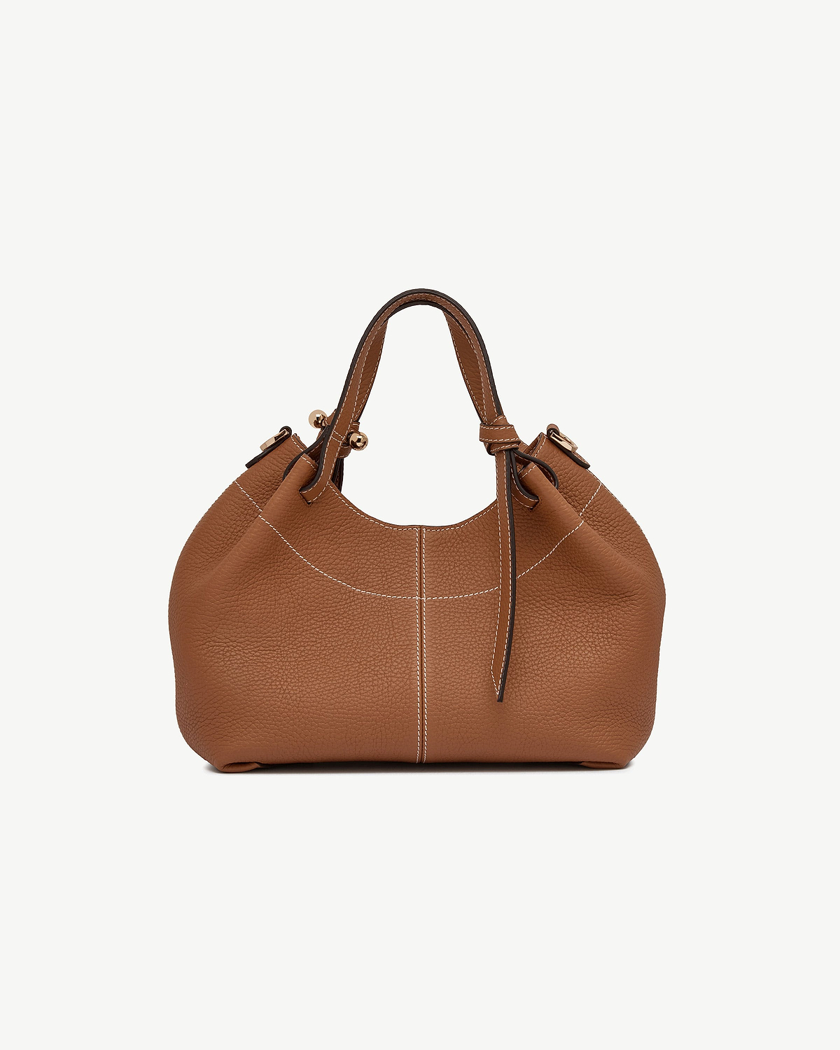 Tan leather hobo bag with white topstitching, short handles and thin strap
