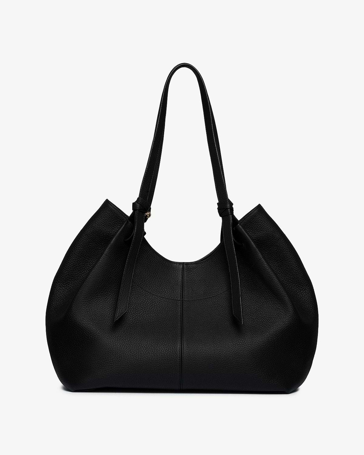 Black pebbled leather tote bag with knotted shoulder straps and curved opening.